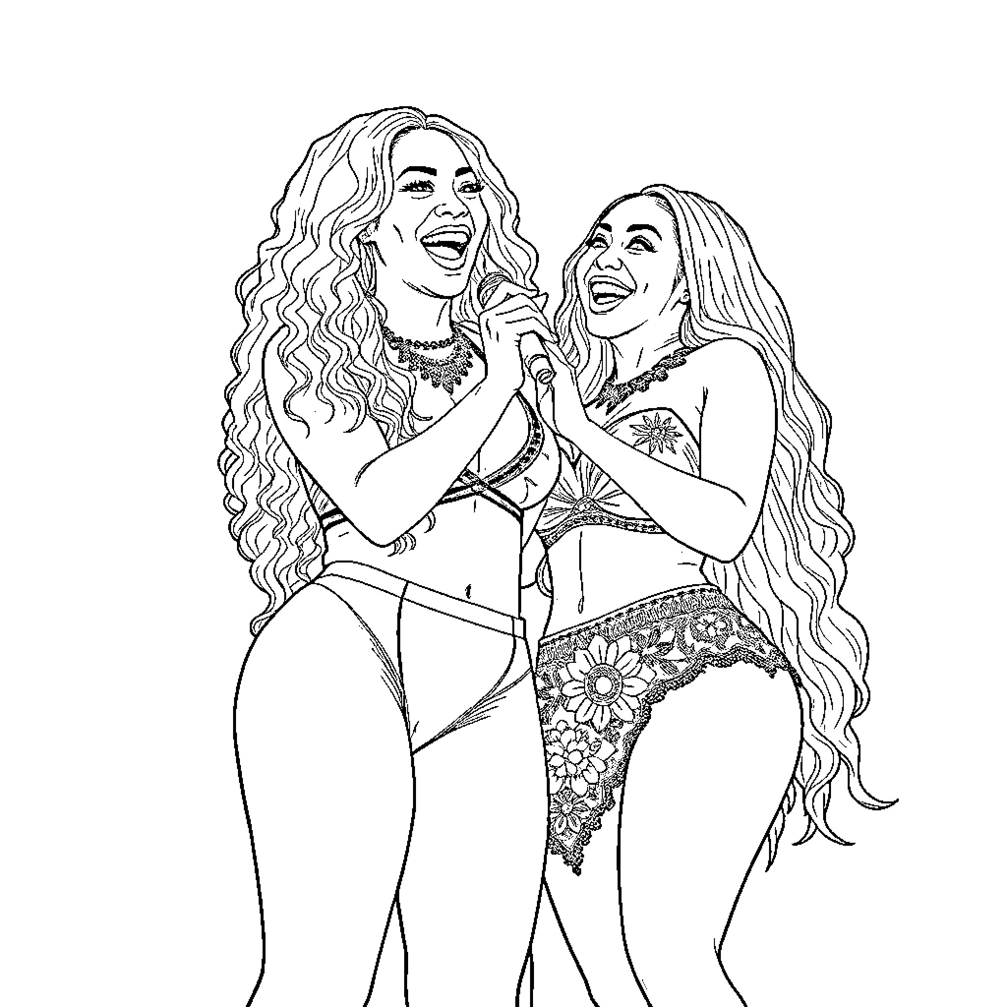 Beyonce and friend enjoying music performance Coloring Page (free black-and-white line drawing printable PDF for all, from beginners to advanced learners, including children, teens, adults, and seniors)