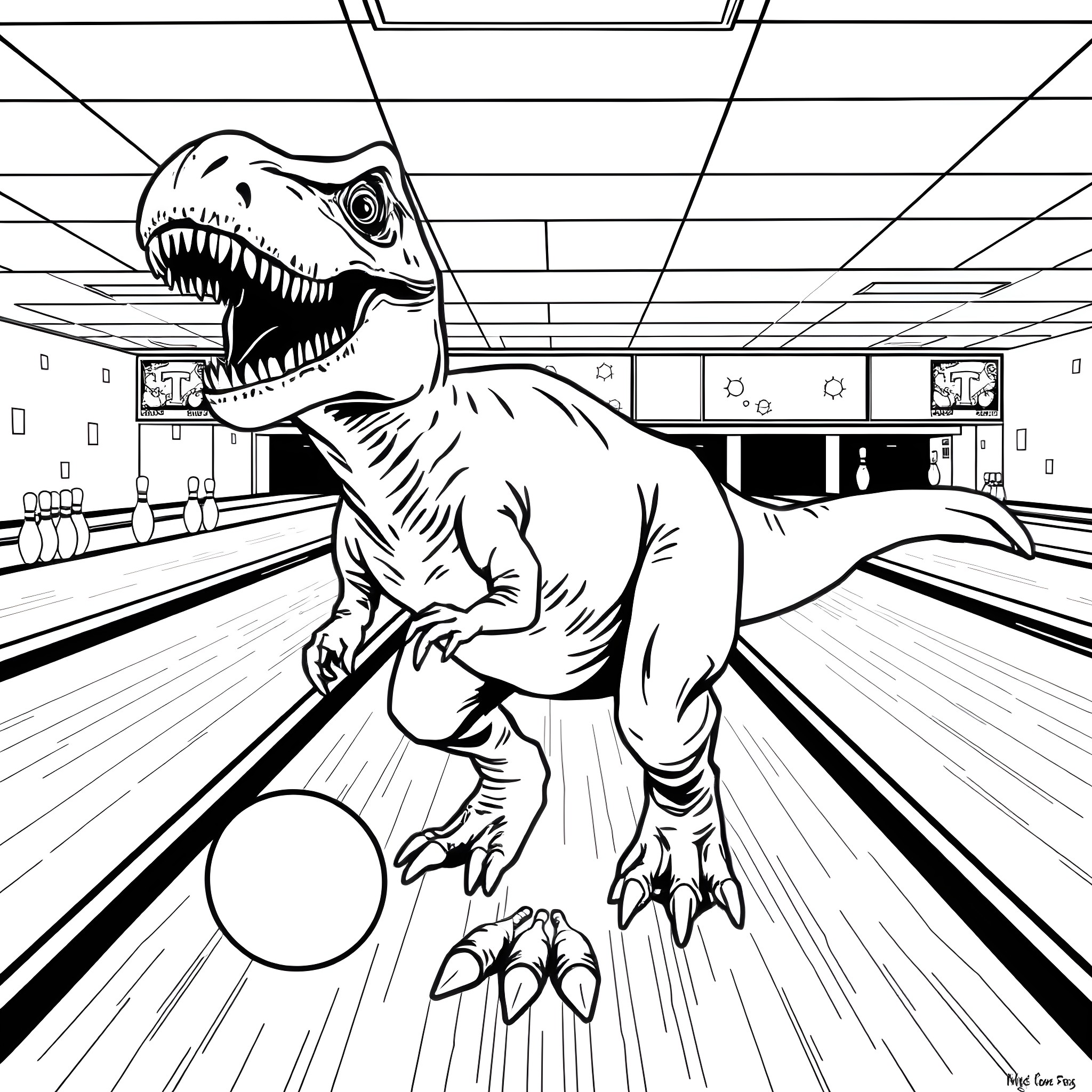 T-Rex Unleashed in the Bowling Alley Coloring Page (free black-and-white line drawing printable PDF for all, from beginners to advanced learners, including children, teens, adults, and seniors)