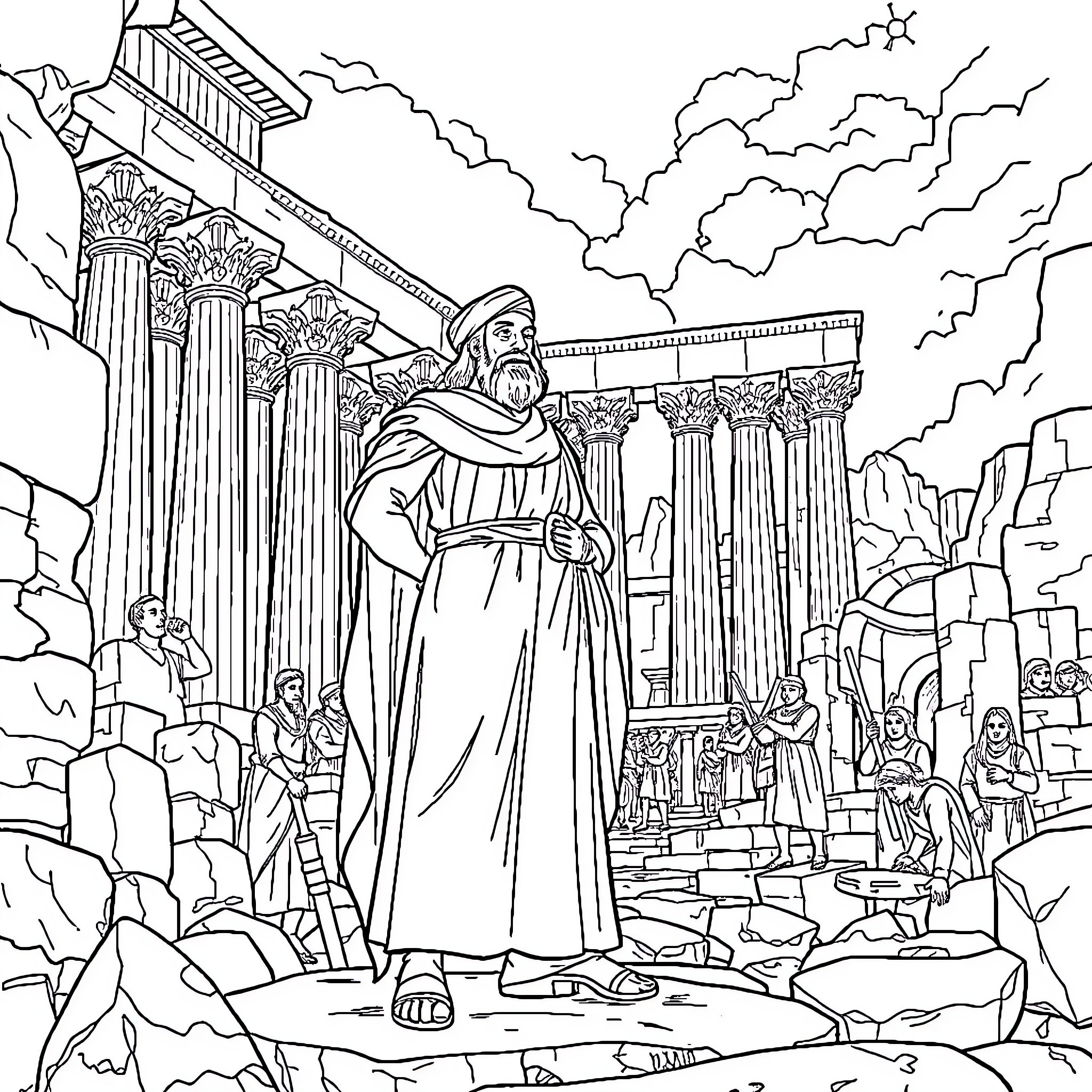 Solomon Presiding Over His Kingdom Coloring Page (free black-and-white line drawing printable PDF for all, from beginners to advanced learners, including children, teens, adults, and seniors)