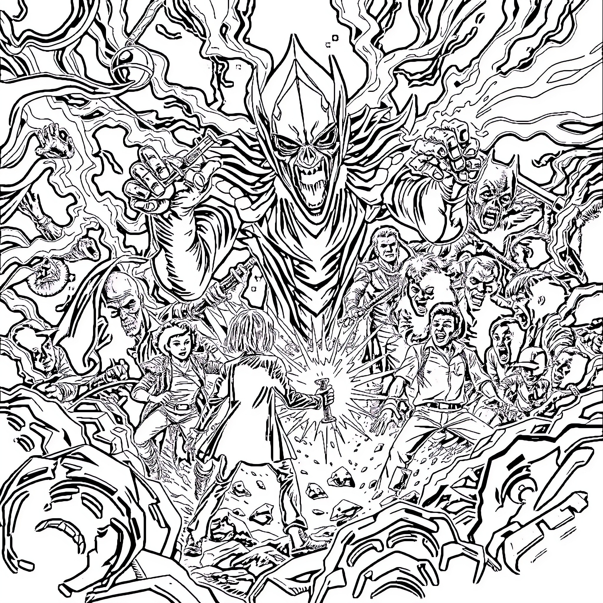 Stranger Things: Chaotic Supernatural Encounter Coloring Page (free black-and-white line drawing printable PDF for all, from beginners to advanced learners, including children, teens, adults, and seniors)