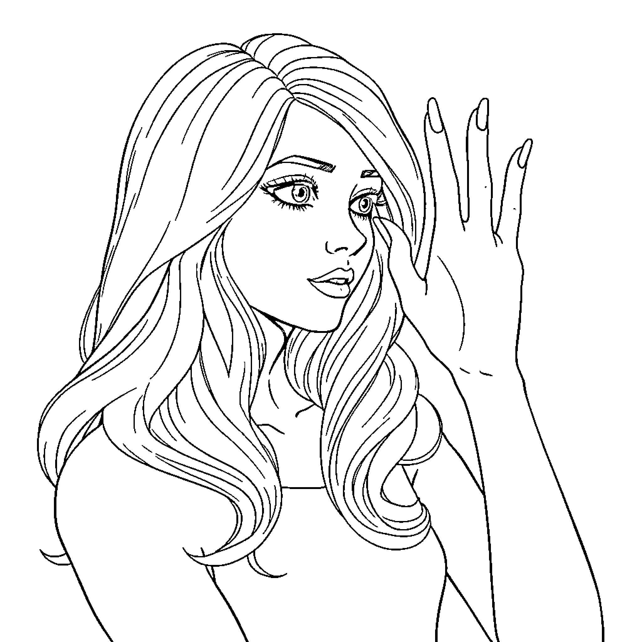 Girl with flowing hair posing gracefully Coloring Page (free black-and-white line drawing printable PDF for all, from beginners to advanced learners, including children, teens, adults, and seniors)