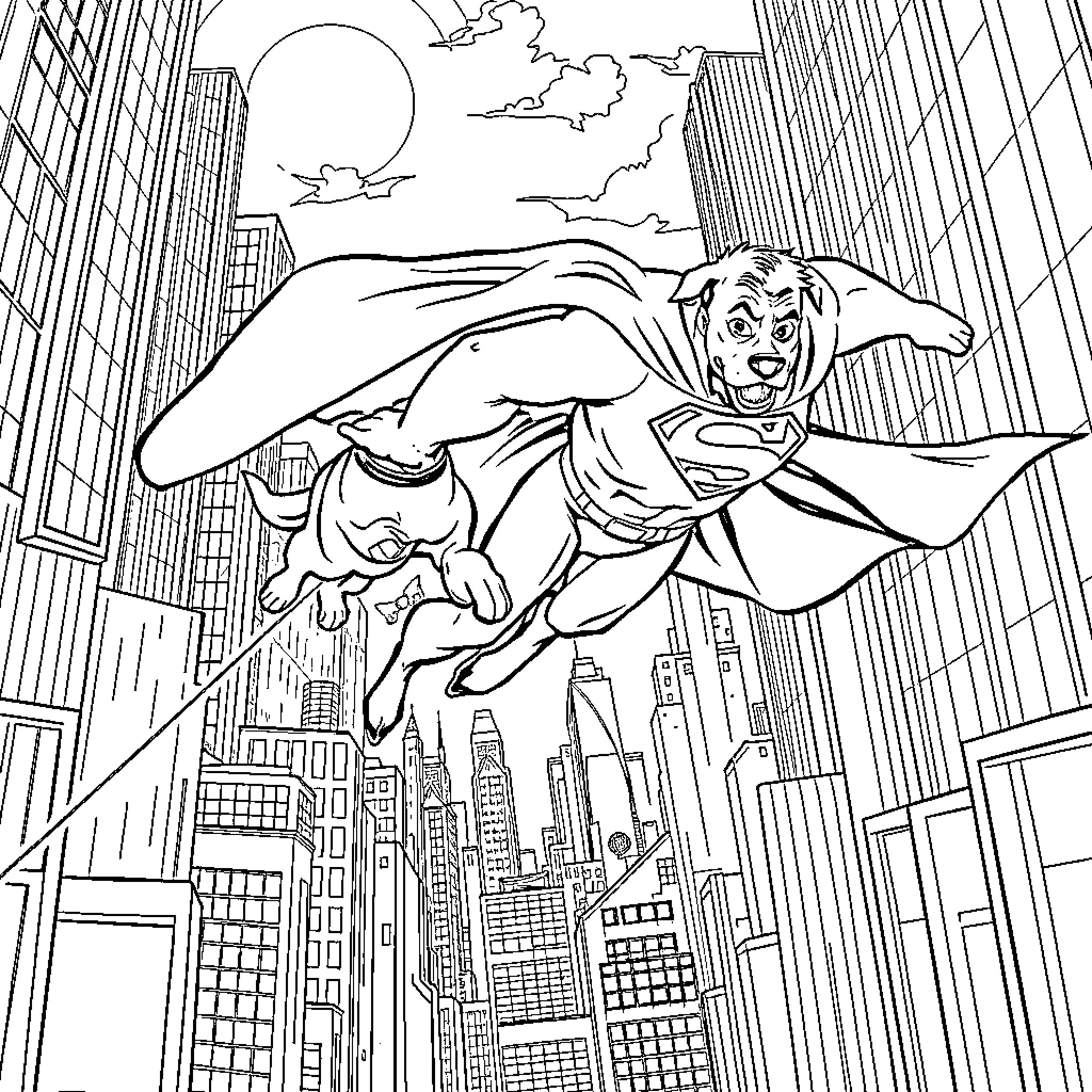 Superman flying over a city at night Coloring Page (free black-and-white line drawing printable PDF for all, from beginners to advanced learners, including children, teens, adults, and seniors)