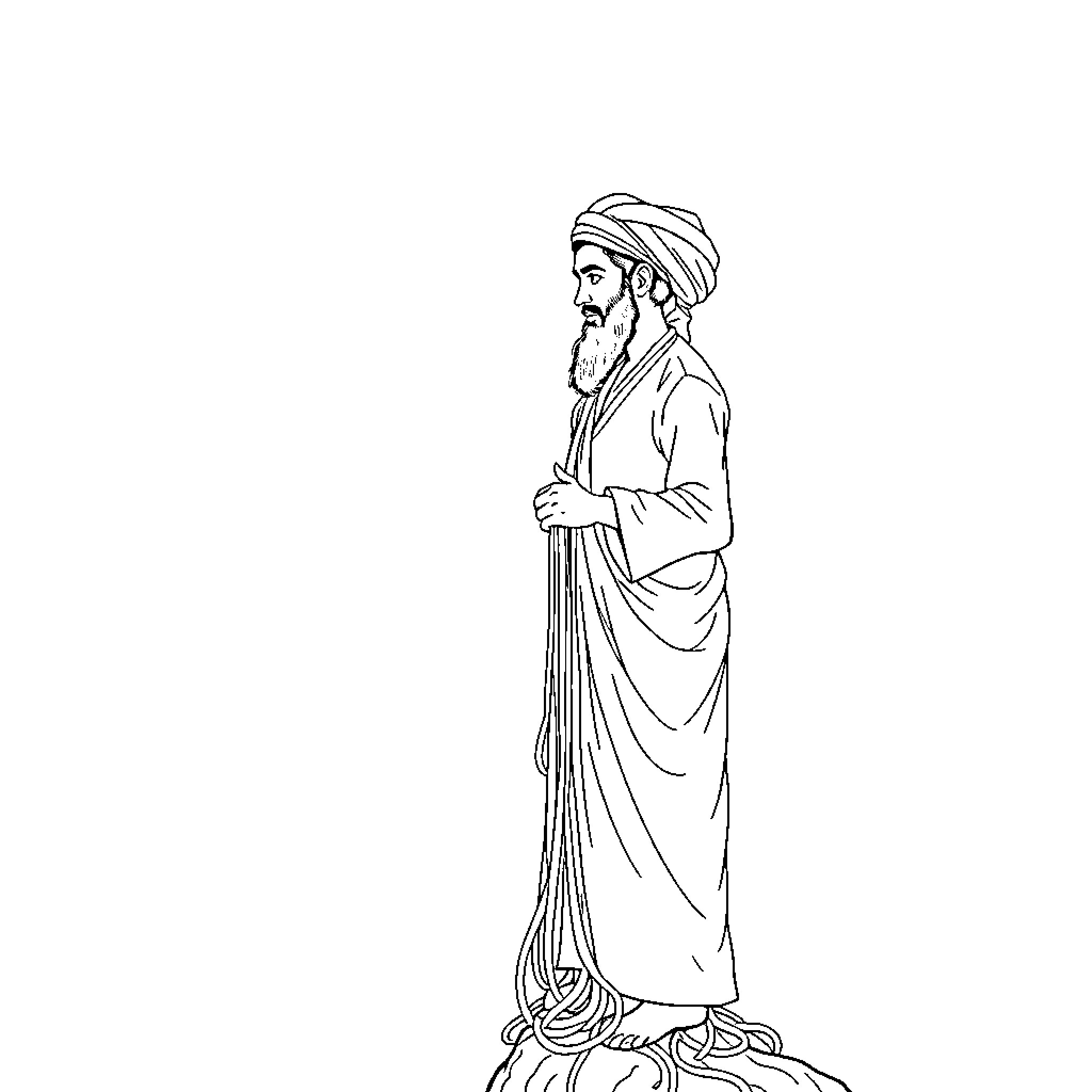 Man in traditional Middle Eastern attire standing thoughtfully Coloring Page (free black-and-white line drawing printable PDF for all, from beginners to advanced learners, including children, teens, adults, and seniors)