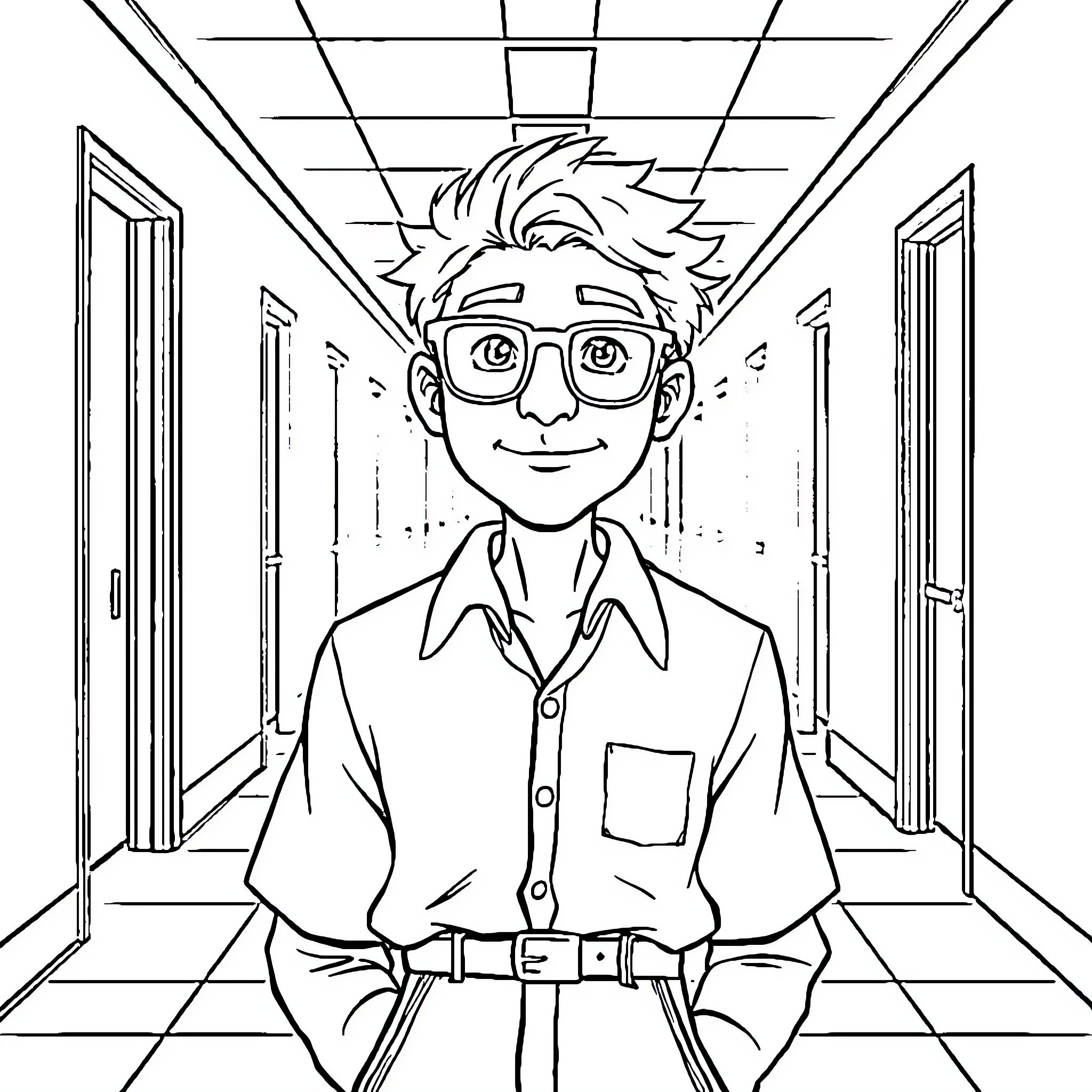 Gojo stands confidently in the school hallway Coloring Page (free black-and-white line drawing printable PDF for all, from beginners to advanced learners, including children, teens, adults, and seniors)