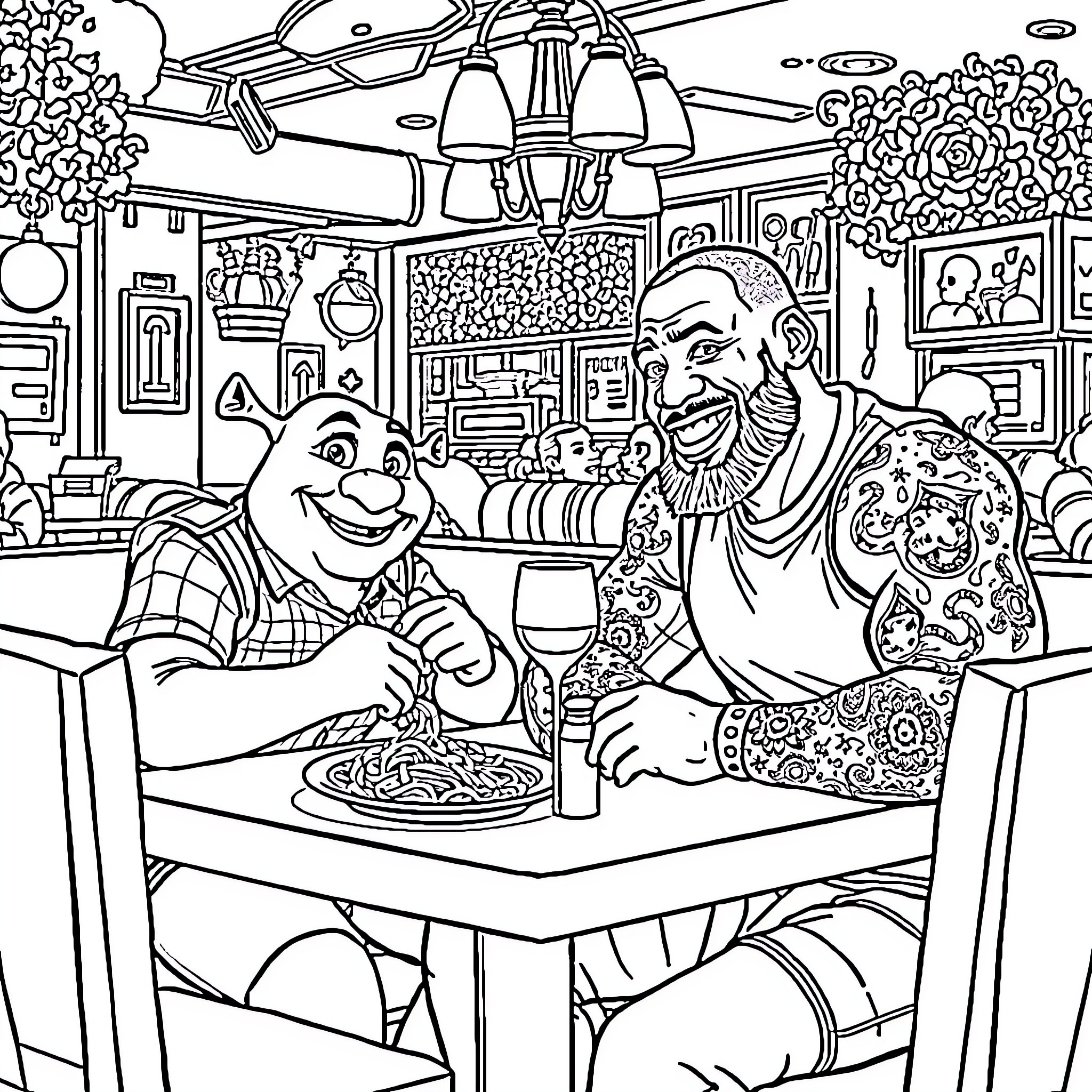 LeBron James and friends enjoy a casual meal together Coloring Page (free black-and-white line drawing printable PDF for all, from beginners to advanced learners, including children, teens, adults, and seniors)