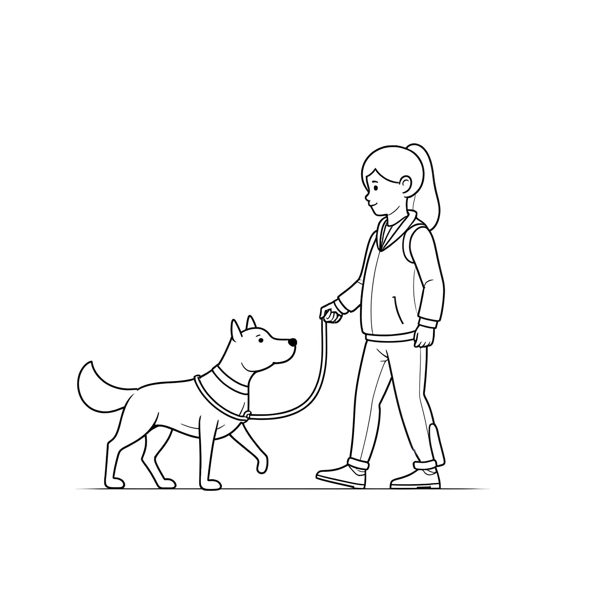 Guide Dog Assisting Person on Outdoor Walk Coloring Page (free black-and-white line drawing printable PDF for all, from beginners to advanced learners, including children, teens, adults, and seniors)