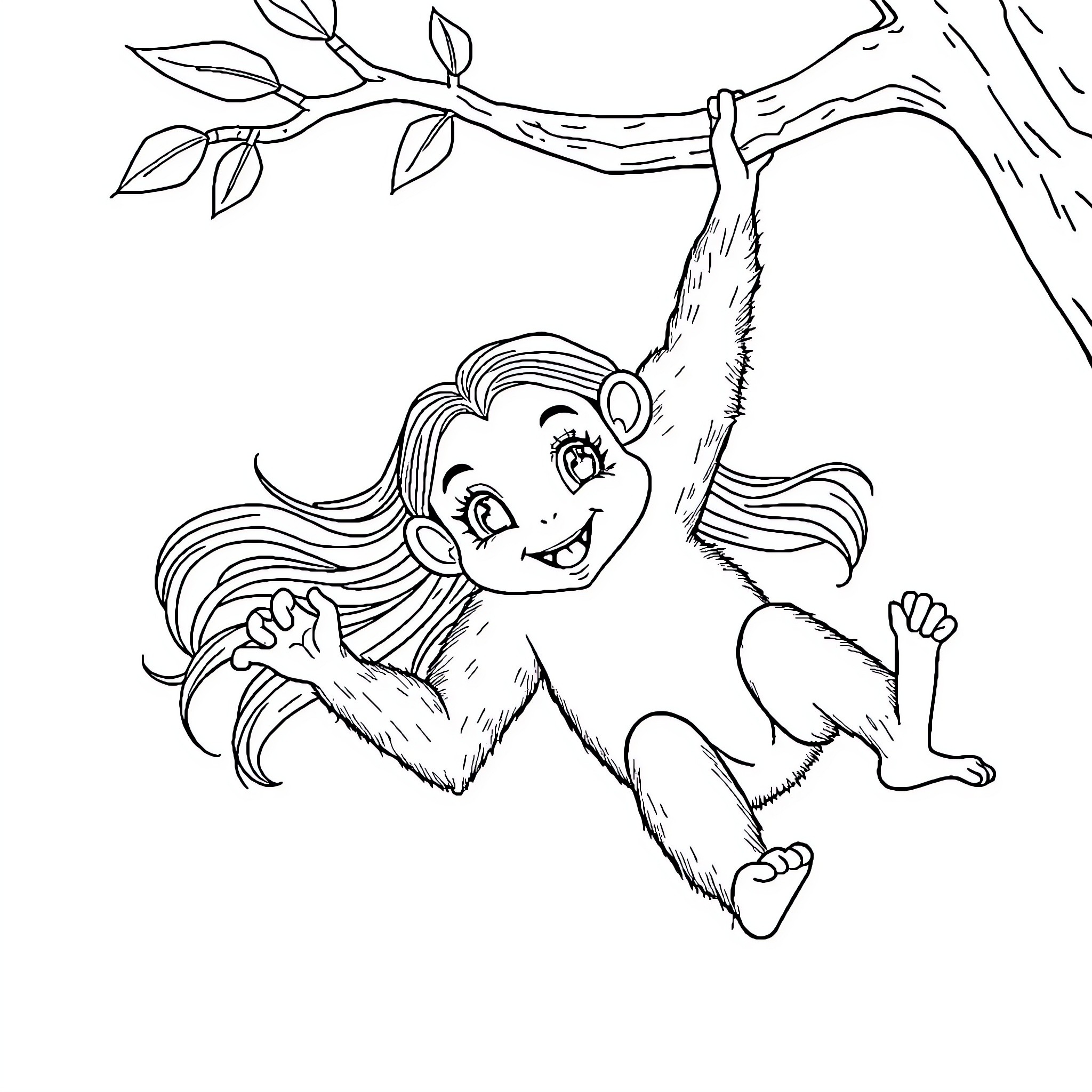 Girl Monkey Swinging Happily on Tree Branch Coloring Page (free black-and-white line drawing printable PDF for all, from beginners to advanced learners, including children, teens, adults, and seniors)