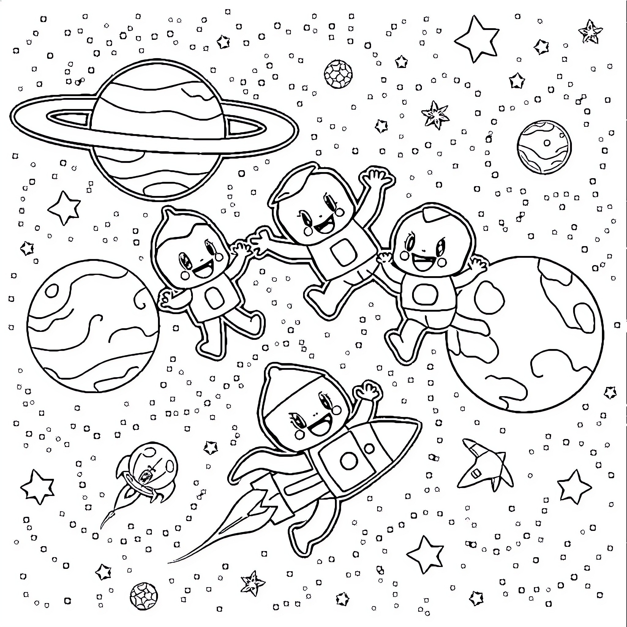 Bluey's Cosmic Adventure Coloring Page (free black-and-white line drawing printable PDF for all, from beginners to advanced learners, including children, teens, adults, and seniors)