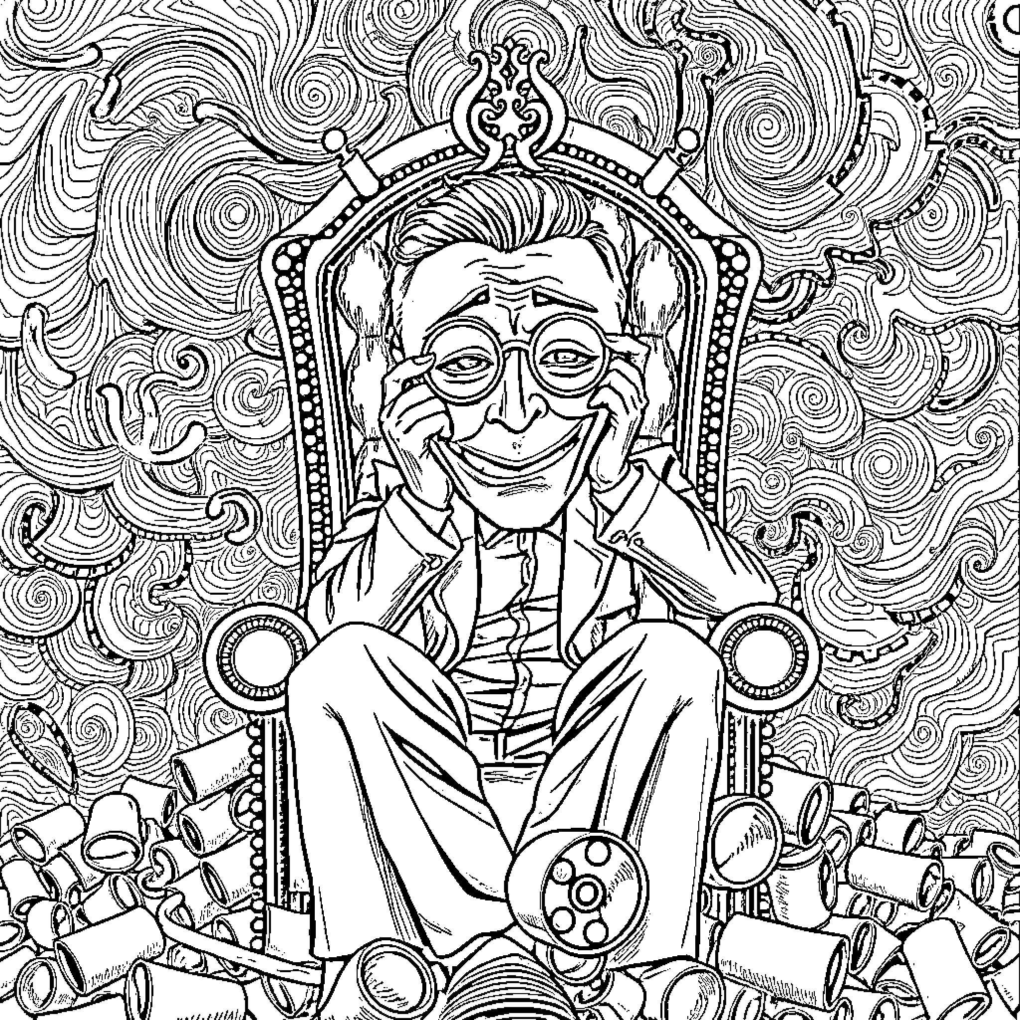 Man in an ornate throne surrounded by eclectic objects Coloring Page (free black-and-white line drawing printable PDF for all, from beginners to advanced learners, including children, teens, adults, and seniors)