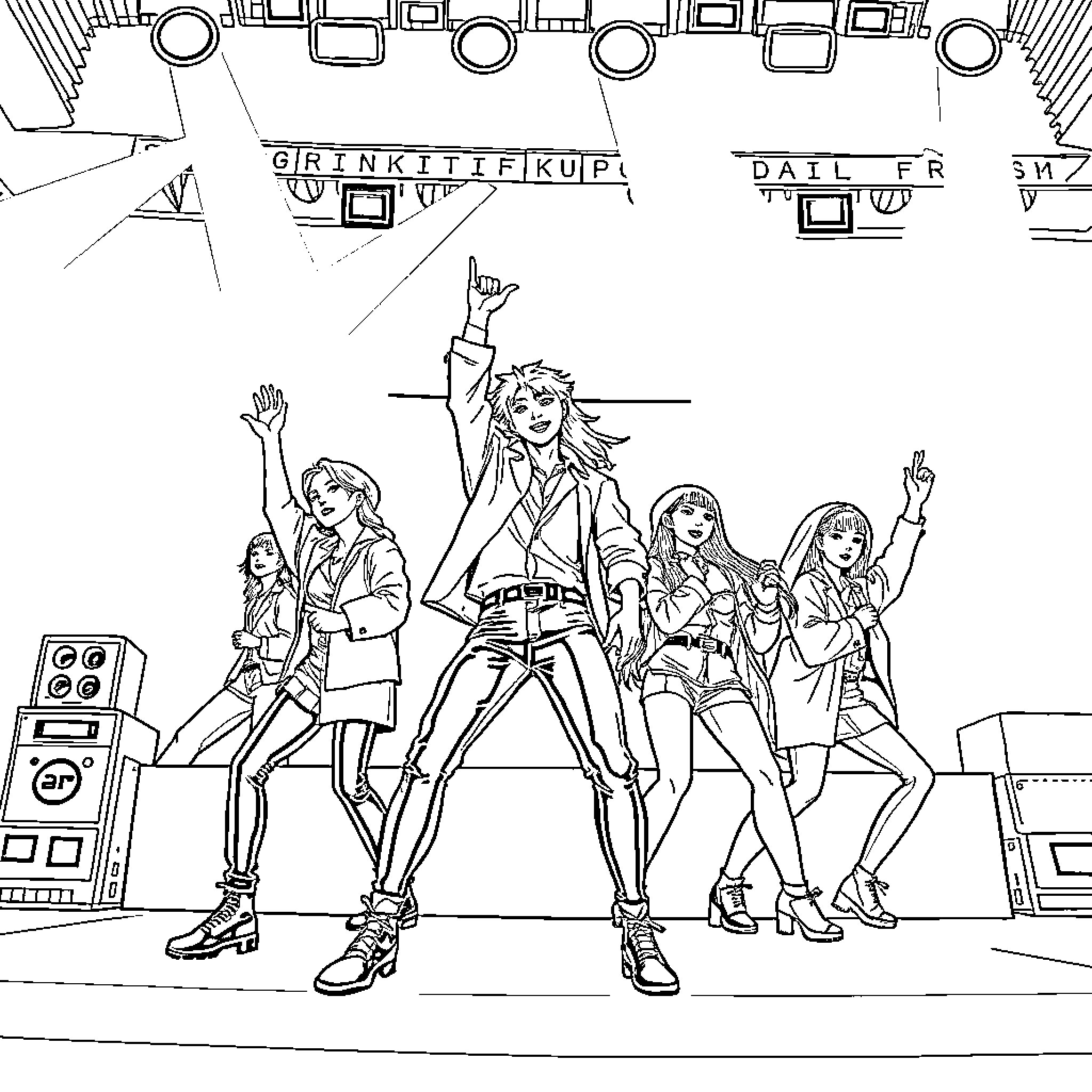 K Pop Team Performing on Stage with Enthusiasm Coloring Page (free black-and-white line drawing printable PDF for all, from beginners to advanced learners, including children, teens, adults, and seniors)