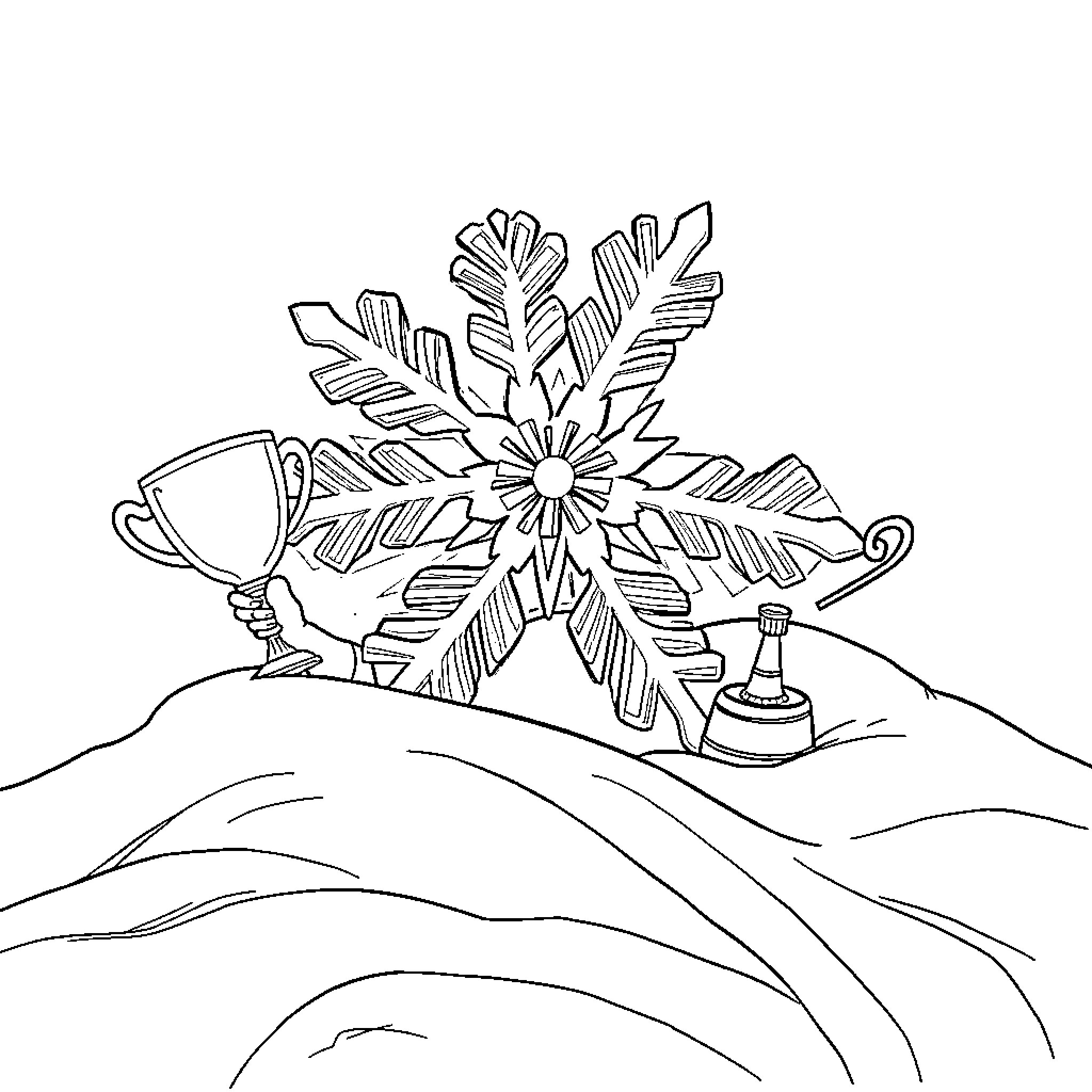 Snowflake with Trophies and Champagne in Hilly Landscape Coloring Page (free black-and-white line drawing printable PDF for all, from beginners to advanced learners, including children, teens, adults, and seniors)