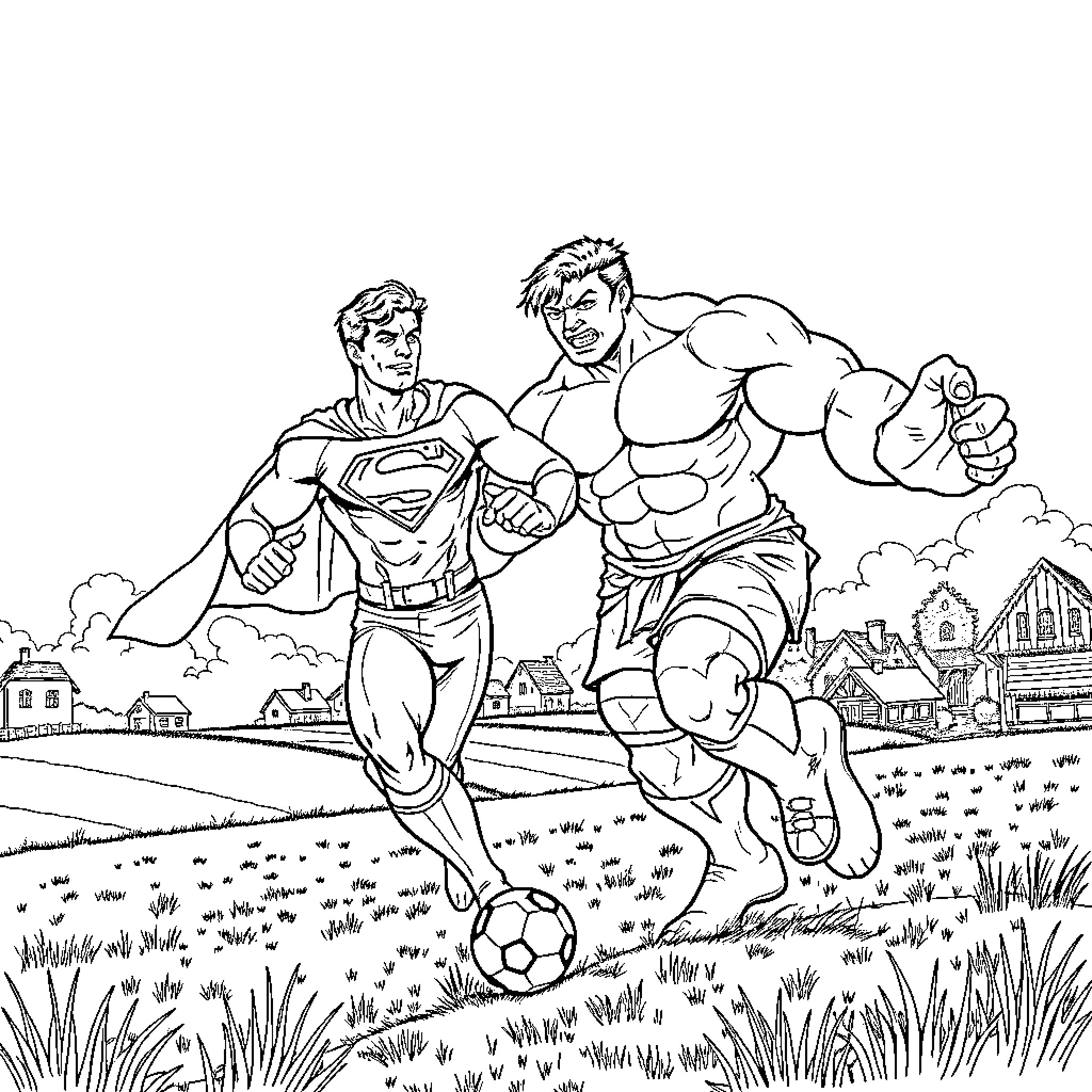 Superman and superhero friend playing soccer in countryside Coloring Page (free black-and-white line drawing printable PDF for all, from beginners to advanced learners, including children, teens, adults, and seniors)