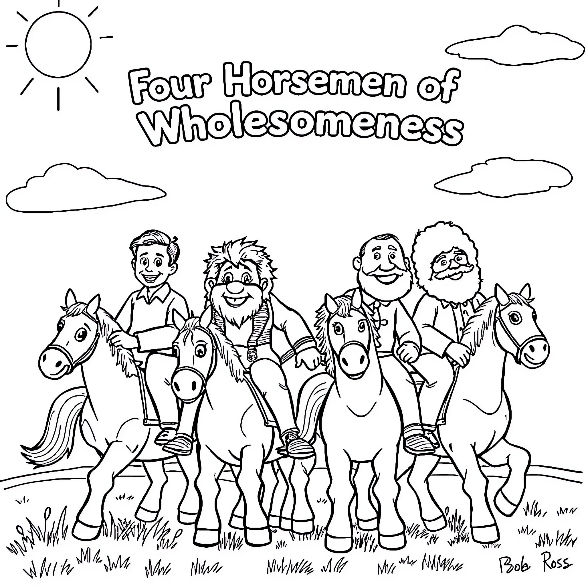 Horses and men on a journey of wholesomeness Coloring Page (free black-and-white line drawing printable PDF for all, from beginners to advanced learners, including children, teens, adults, and seniors)