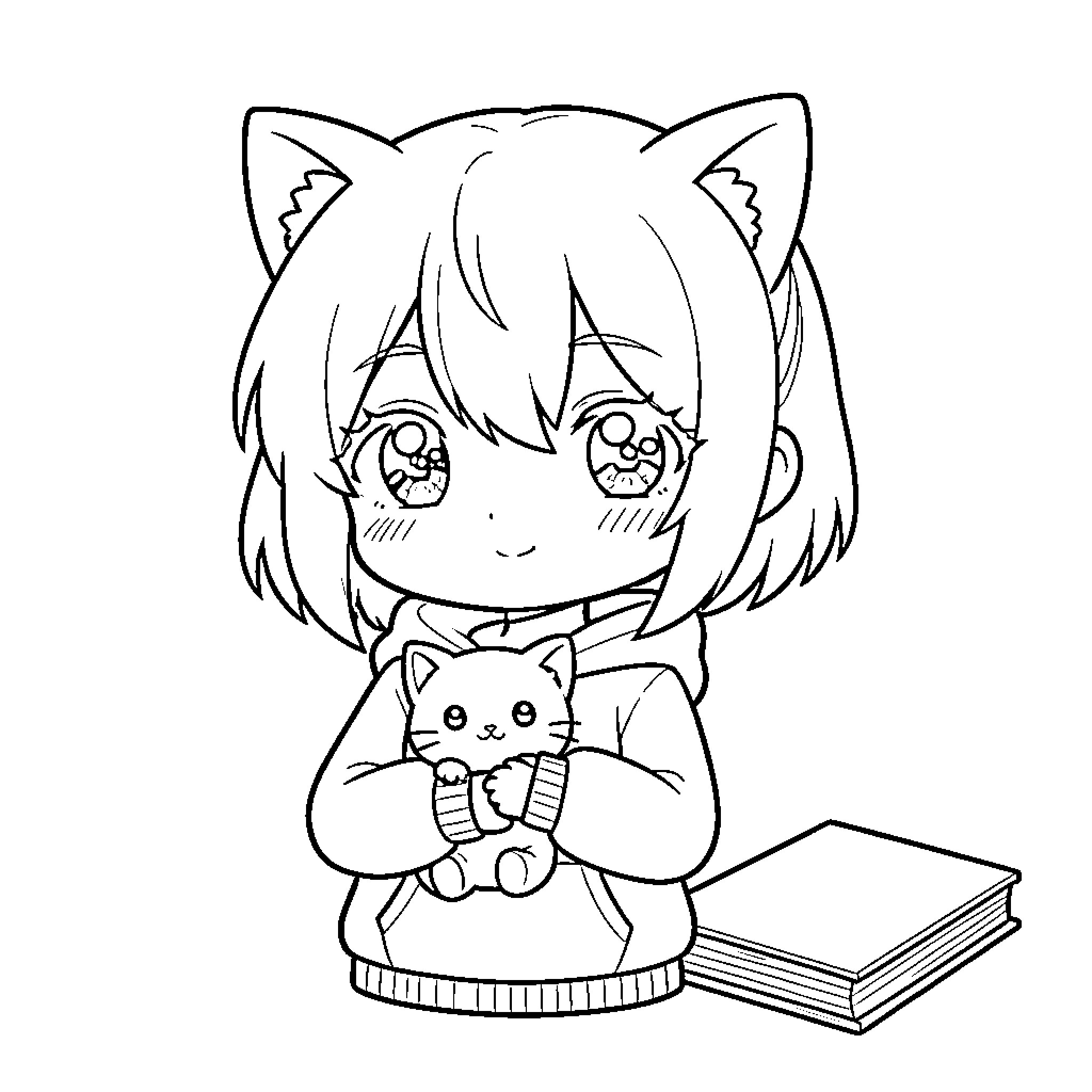 Chibi Girl holding a small kitten and a book Coloring Page (free black-and-white line drawing printable PDF for all, from beginners to advanced learners, including children, teens, adults, and seniors)