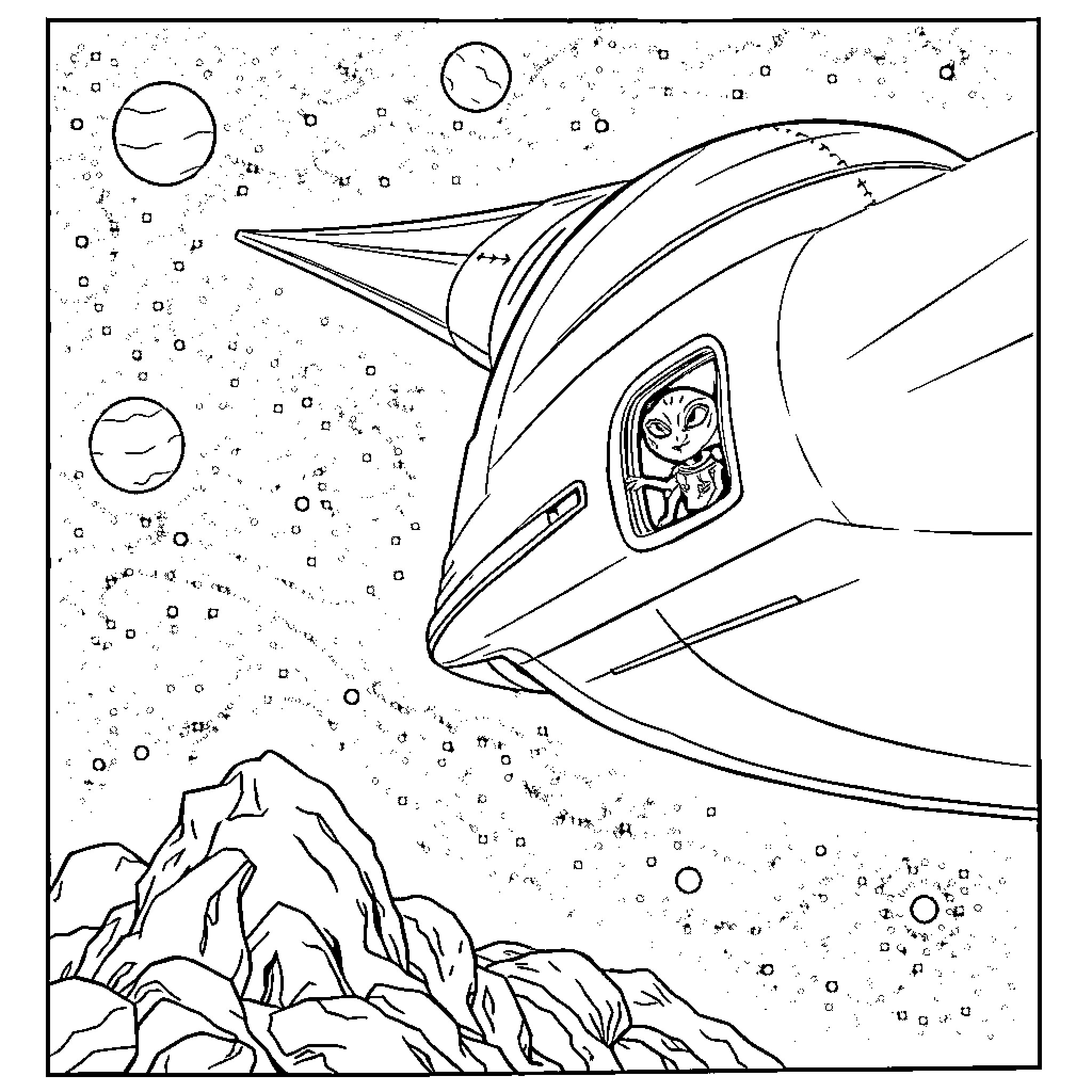 Spaceship zooming through cosmic landscape Coloring Page (free black-and-white line drawing printable PDF for all, from beginners to advanced learners, including children, teens, adults, and seniors)