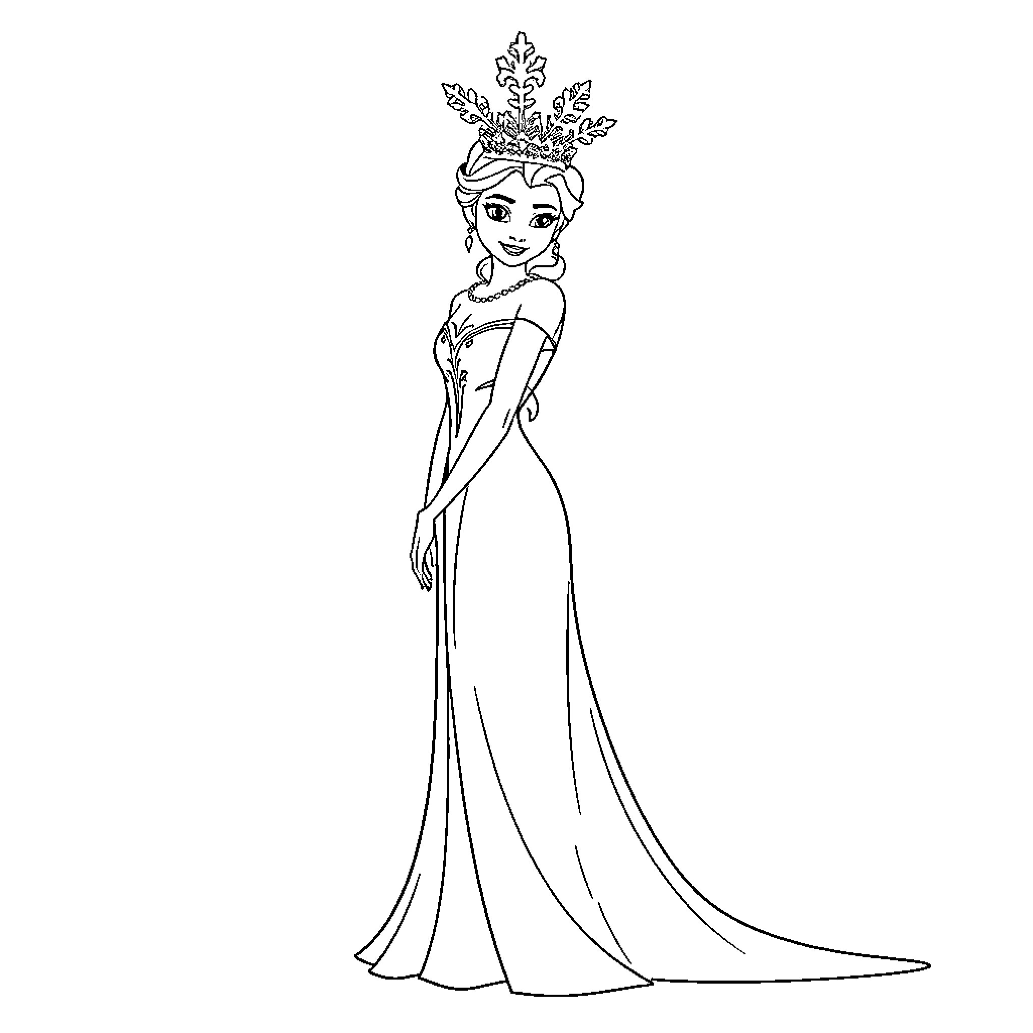 Elsa in a Regal Dress and Crown Coloring Page (free black-and-white line drawing printable PDF for all, from beginners to advanced learners, including children, teens, adults, and seniors)