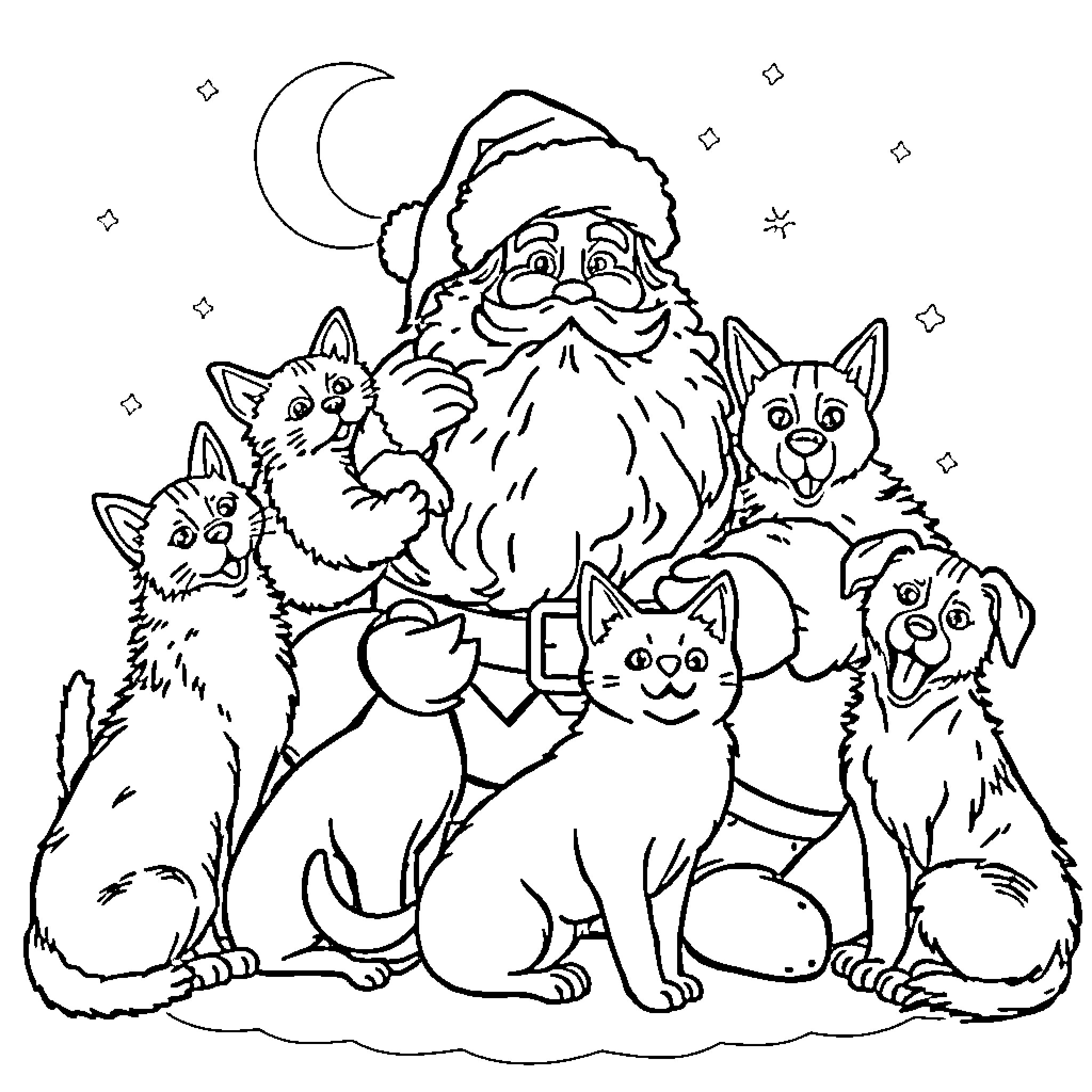Santa Surrounded by Joyful Pets Coloring Page (free black-and-white line drawing printable PDF for all, from beginners to advanced learners, including children, teens, adults, and seniors)