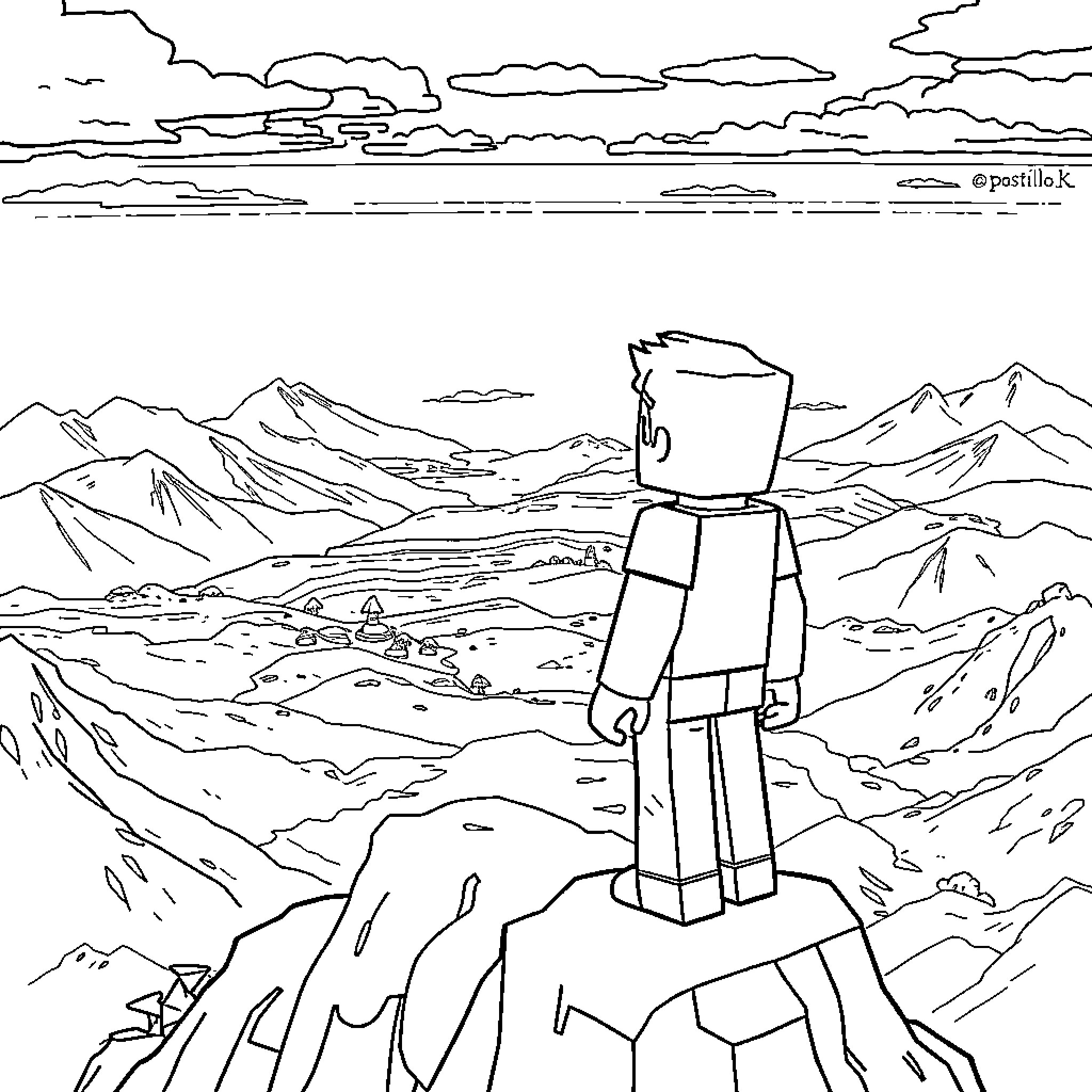 Steve stands tall on a rocky mountain peak Coloring Page (free black-and-white line drawing printable PDF for all, from beginners to advanced learners, including children, teens, adults, and seniors)