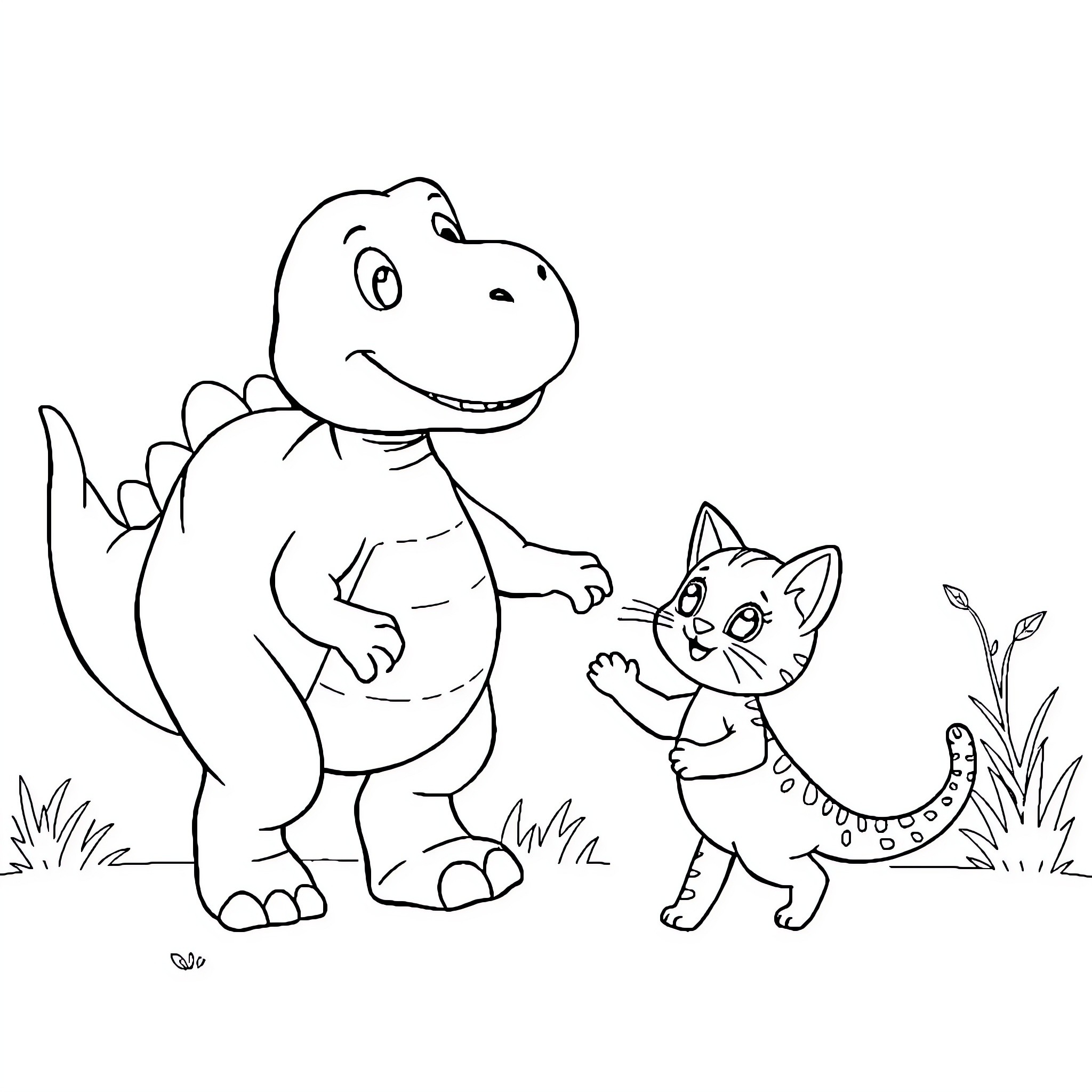 Dinosaur and Kitten Exploring the Outdoors Coloring Page (free black-and-white line drawing printable PDF for all, from beginners to advanced learners, including children, teens, adults, and seniors)