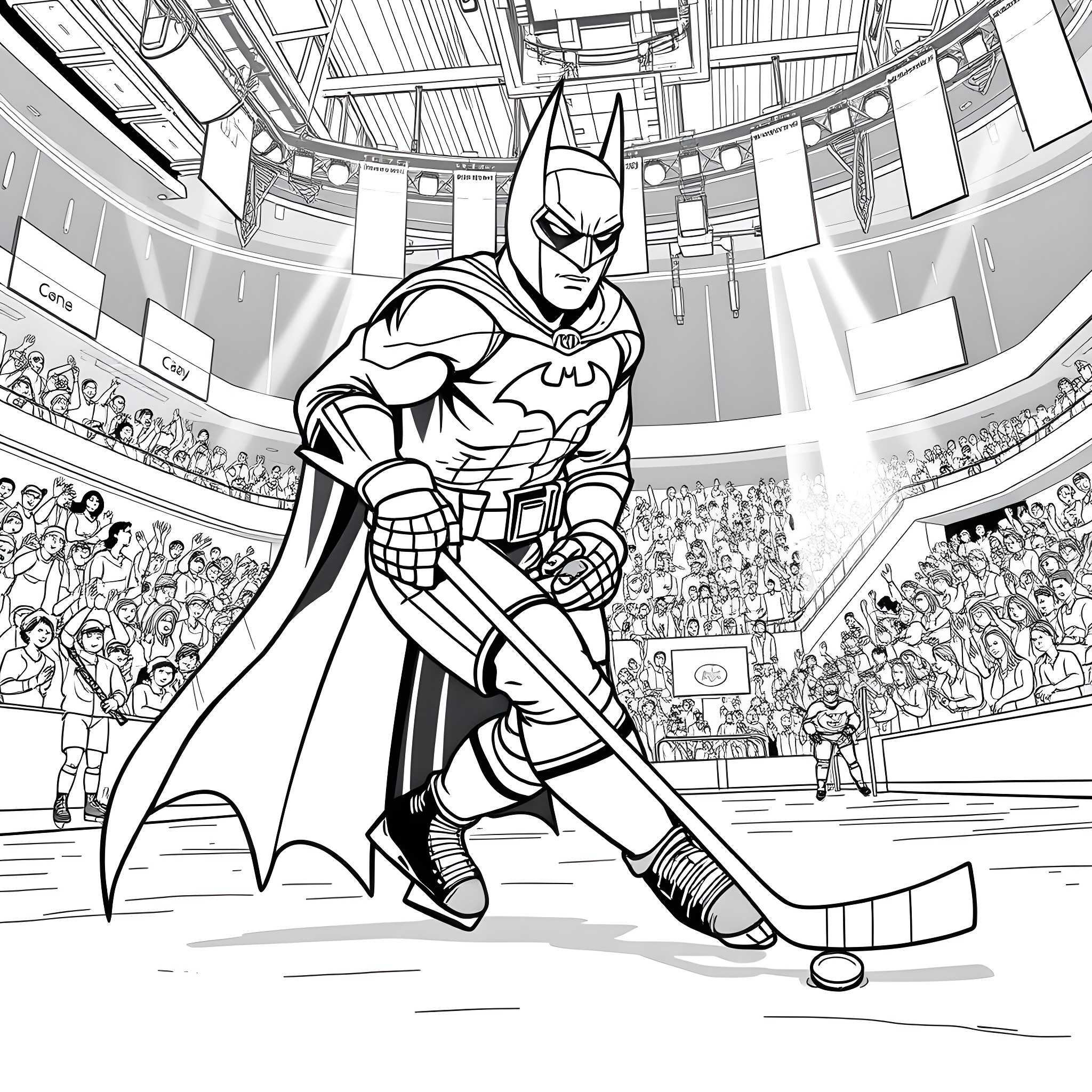 Batman playing ice hockey in a stadium Coloring Page (free black-and-white line drawing printable PDF for all, from beginners to advanced learners, including children, teens, adults, and seniors)