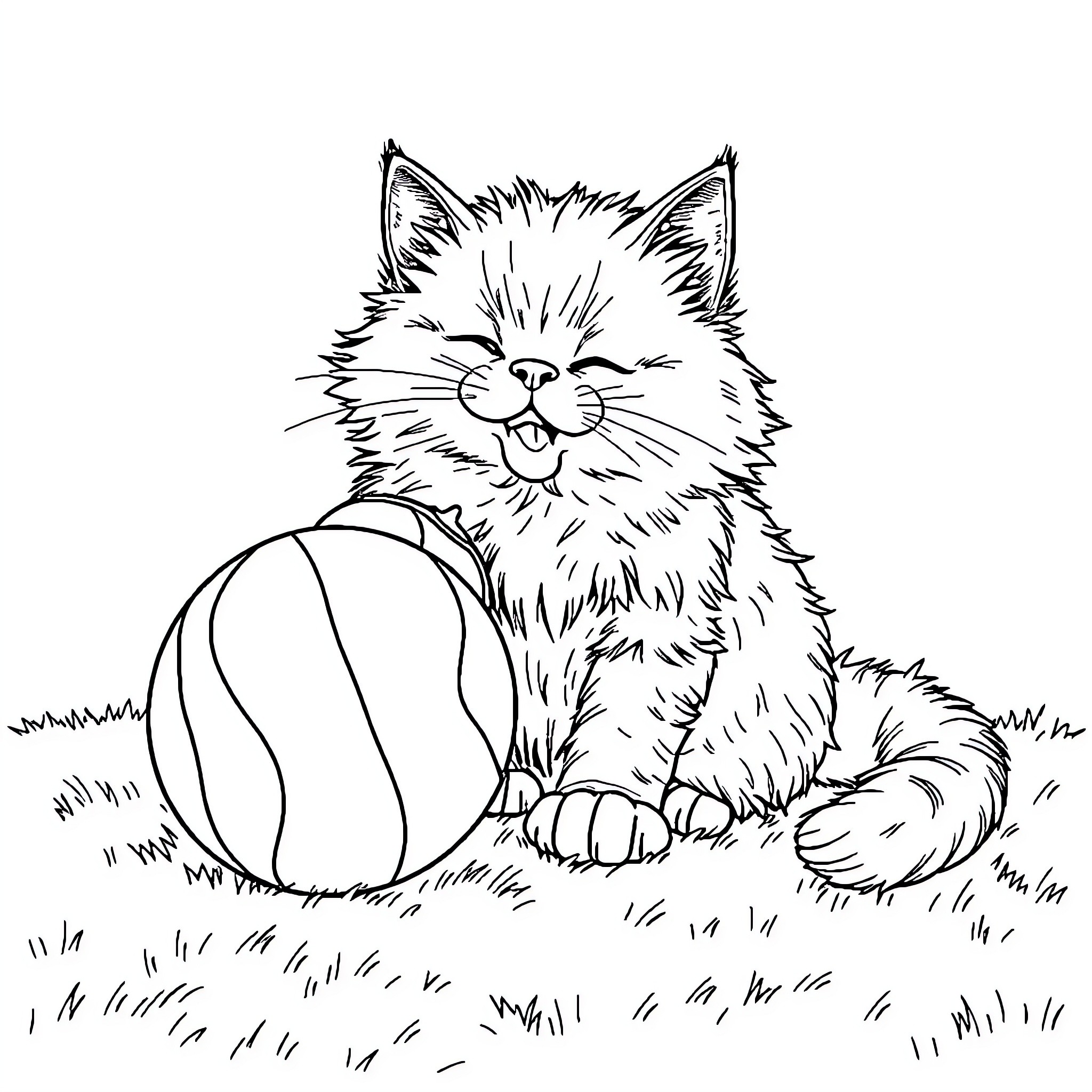Cat playing with a ball on the grass Coloring Page (free black-and-white line drawing printable PDF for all, from beginners to advanced learners, including children, teens, adults, and seniors)