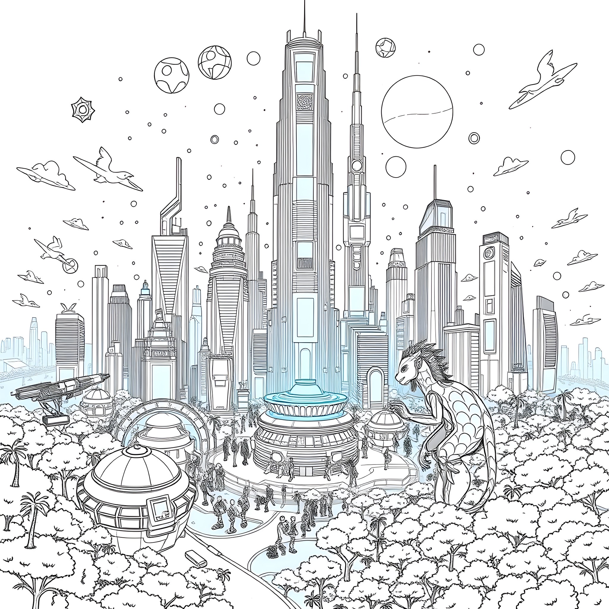 Fantasy City of the Future with Futuristic Architecture Coloring Page (free black-and-white line drawing printable PDF for all, from beginners to advanced learners, including children, teens, adults, and seniors)
