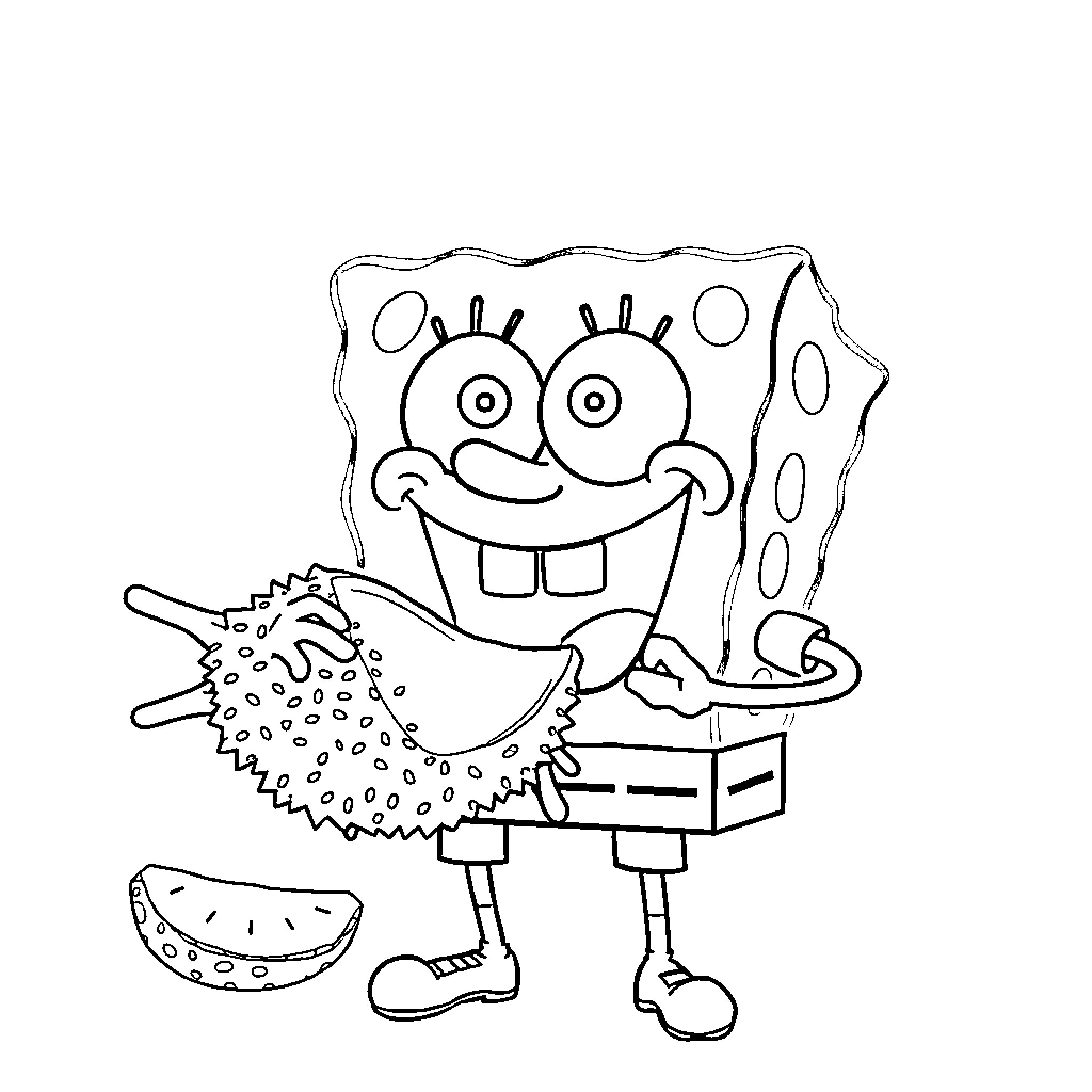 Spongebob enjoys a juicy watermelon on the beach Coloring Page (free black-and-white line drawing printable PDF for all, from beginners to advanced learners, including children, teens, adults, and seniors)