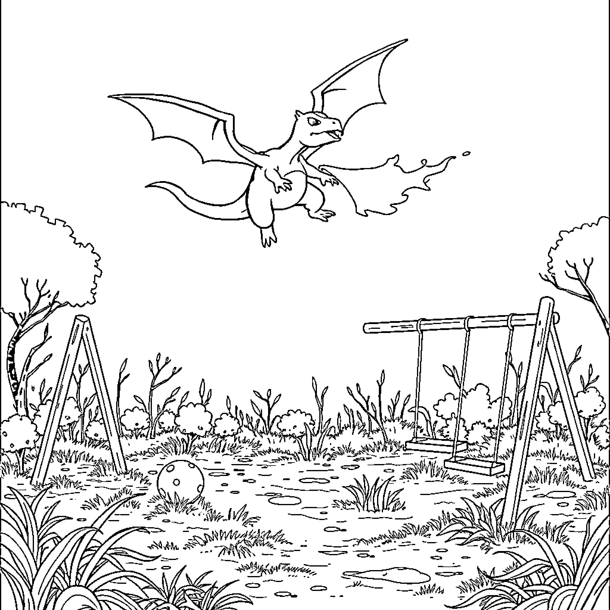 Charizard soaring over a playground in nature Coloring Page (free black-and-white line drawing printable PDF for all, from beginners to advanced learners, including children, teens, adults, and seniors)