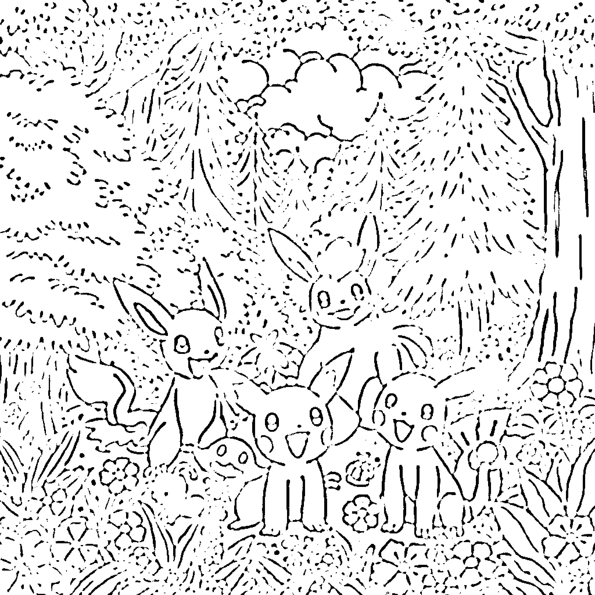 Pokémon Creatures Frolicking in Whimsical Forest Scene Coloring Page (free black-and-white line drawing printable PDF for all, from beginners to advanced learners, including children, teens, adults, and seniors)