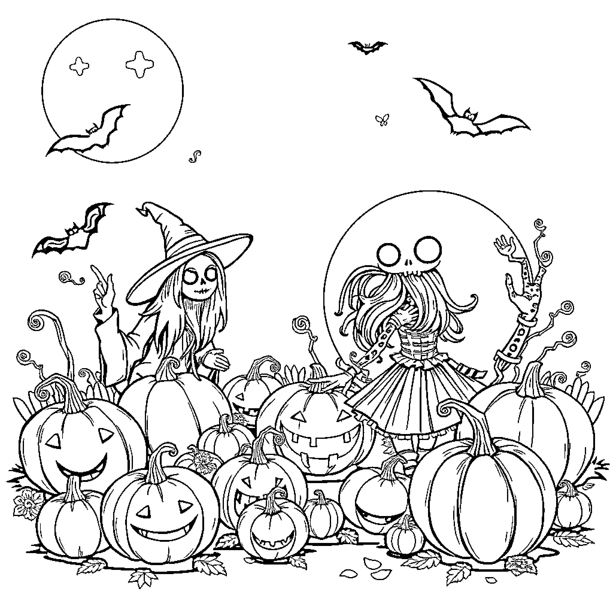 Halloween Spooky Scenes with Witches and Pumpkins Coloring Page (free black-and-white line drawing printable PDF for all, from beginners to advanced learners, including children, teens, adults, and seniors)
