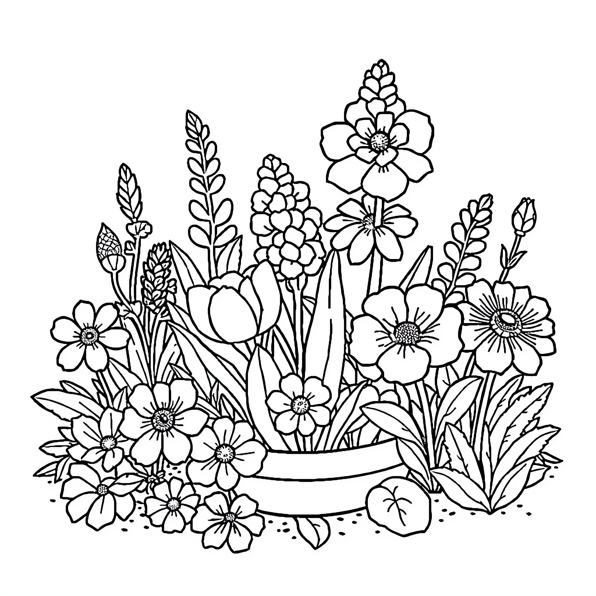 Stitch of diverse blooming flowers in a garden Coloring Page (free black-and-white line drawing printable PDF for all, from beginners to advanced learners, including children, teens, adults, and seniors)