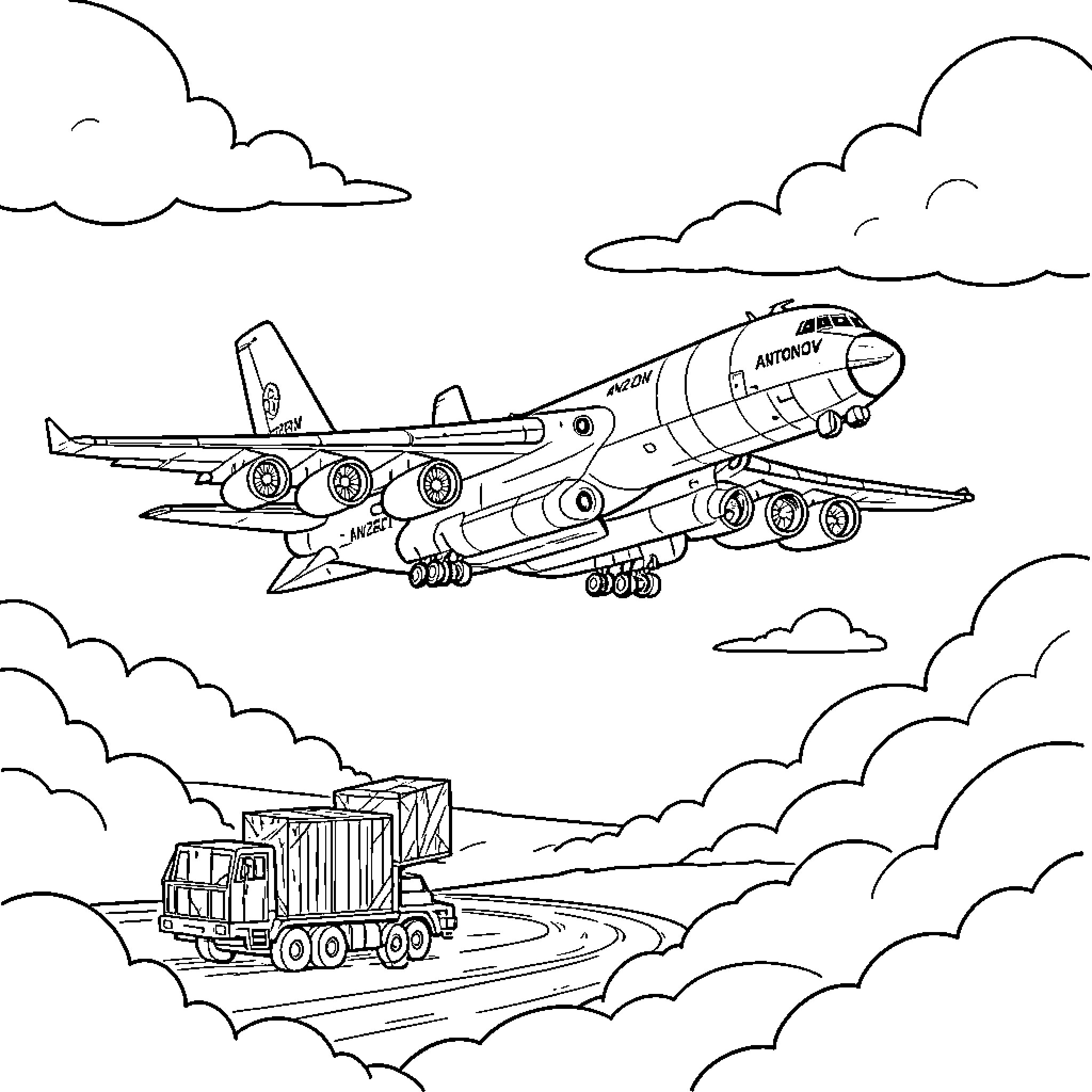 Antonov AN-225 flying above a truck on a road Coloring Page (free black-and-white line drawing printable PDF for all, from beginners to advanced learners, including children, teens, adults, and seniors)
