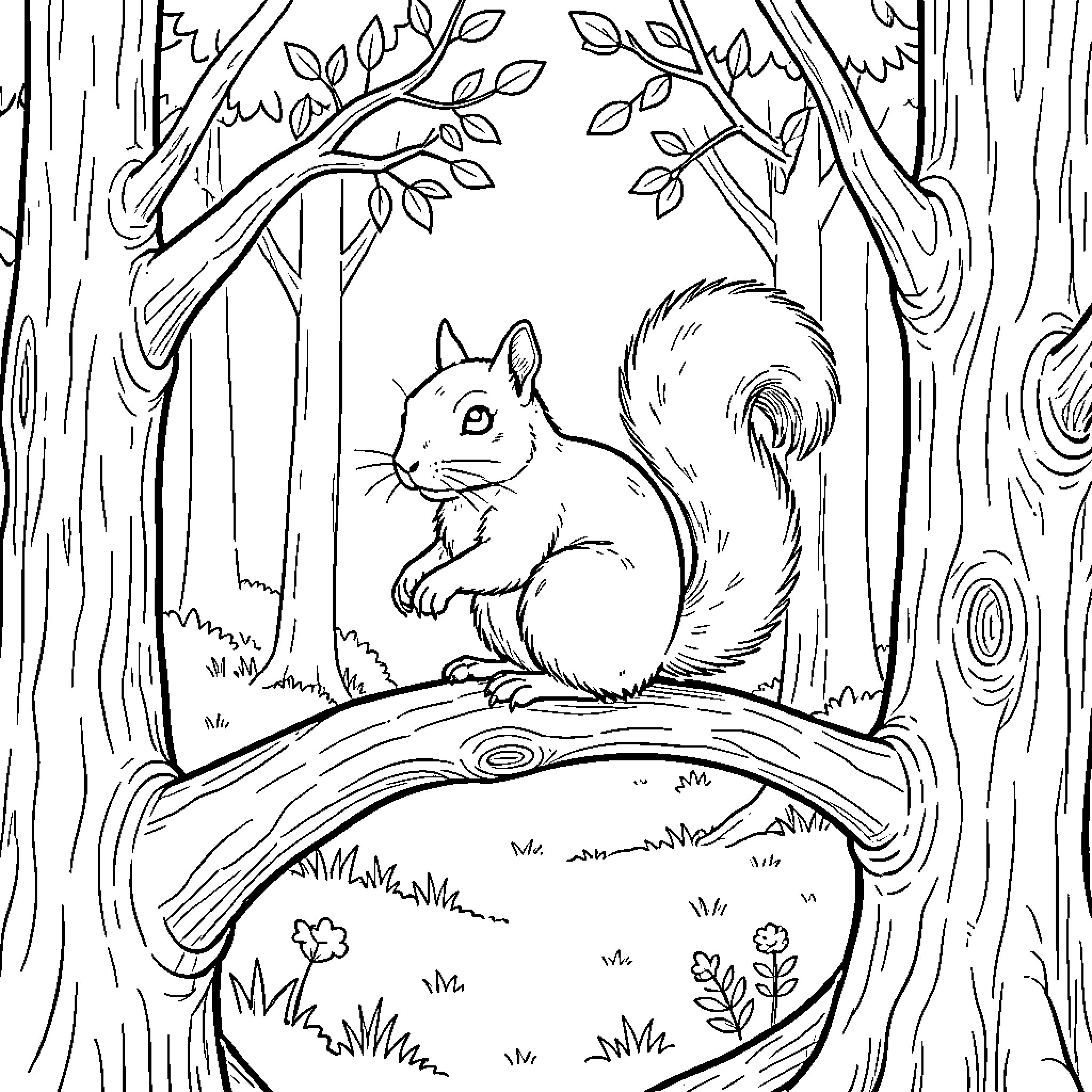 Squirrel sitting calmly on a tree branch in the forest Coloring Page (free black-and-white line drawing printable PDF for all, from beginners to advanced learners, including children, teens, adults, and seniors)