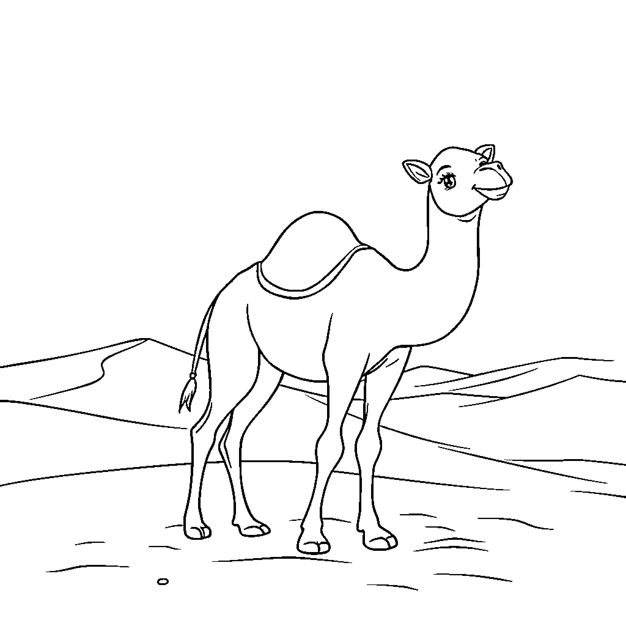 Camel standing in the desert landscape Coloring Page (free black-and-white line drawing printable PDF for all, from beginners to advanced learners, including children, teens, adults, and seniors)