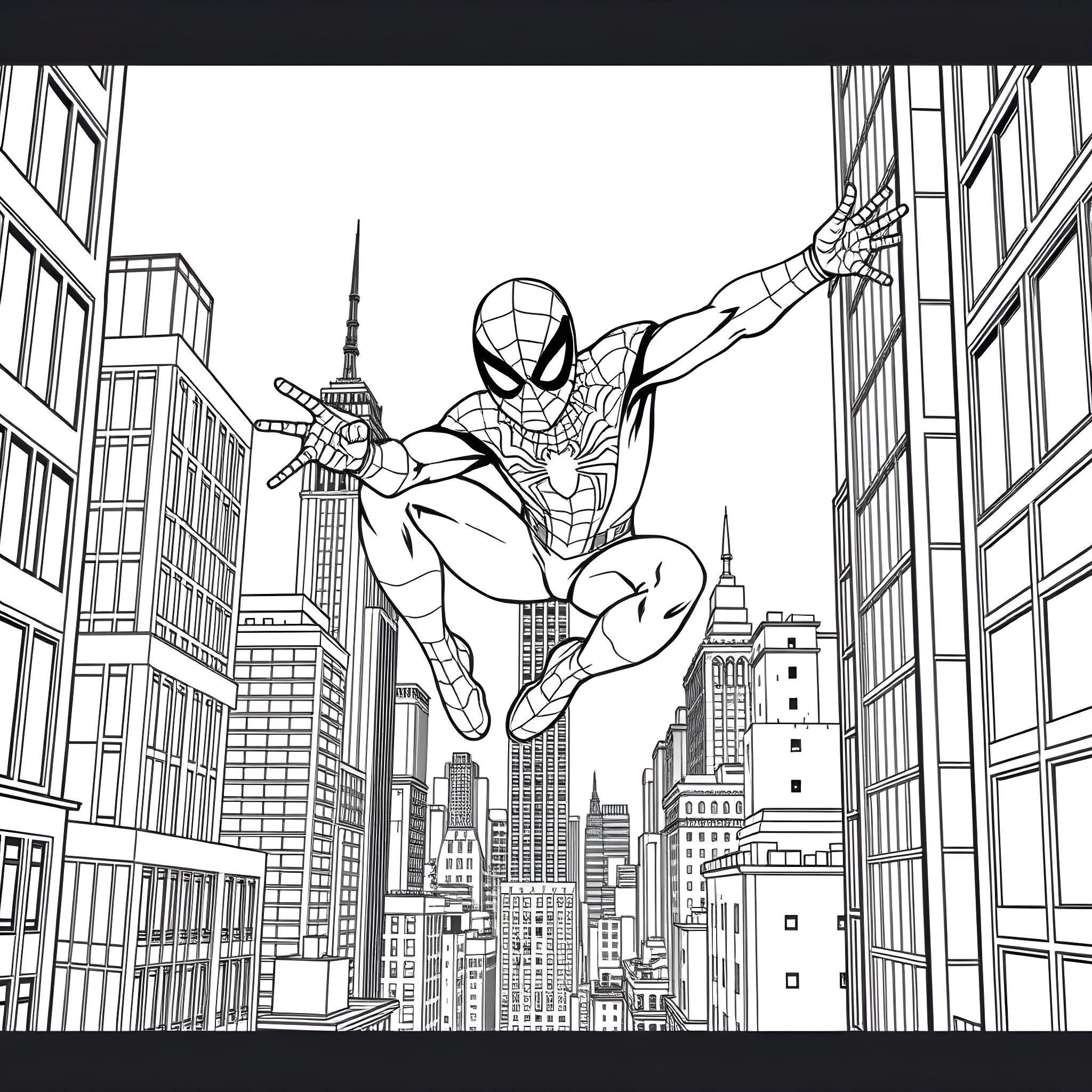 Spiderman swinging through the city skyline Coloring Page (free black-and-white line drawing printable PDF for all, from beginners to advanced learners, including children, teens, adults, and seniors)