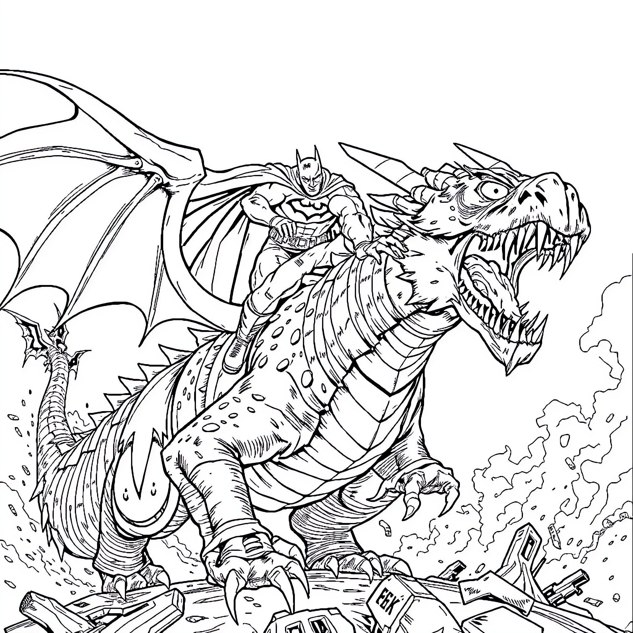 Batman Battles Monstrous Dragon in Ruins Coloring Page (free black-and-white line drawing printable PDF for all, from beginners to advanced learners, including children, teens, adults, and seniors)