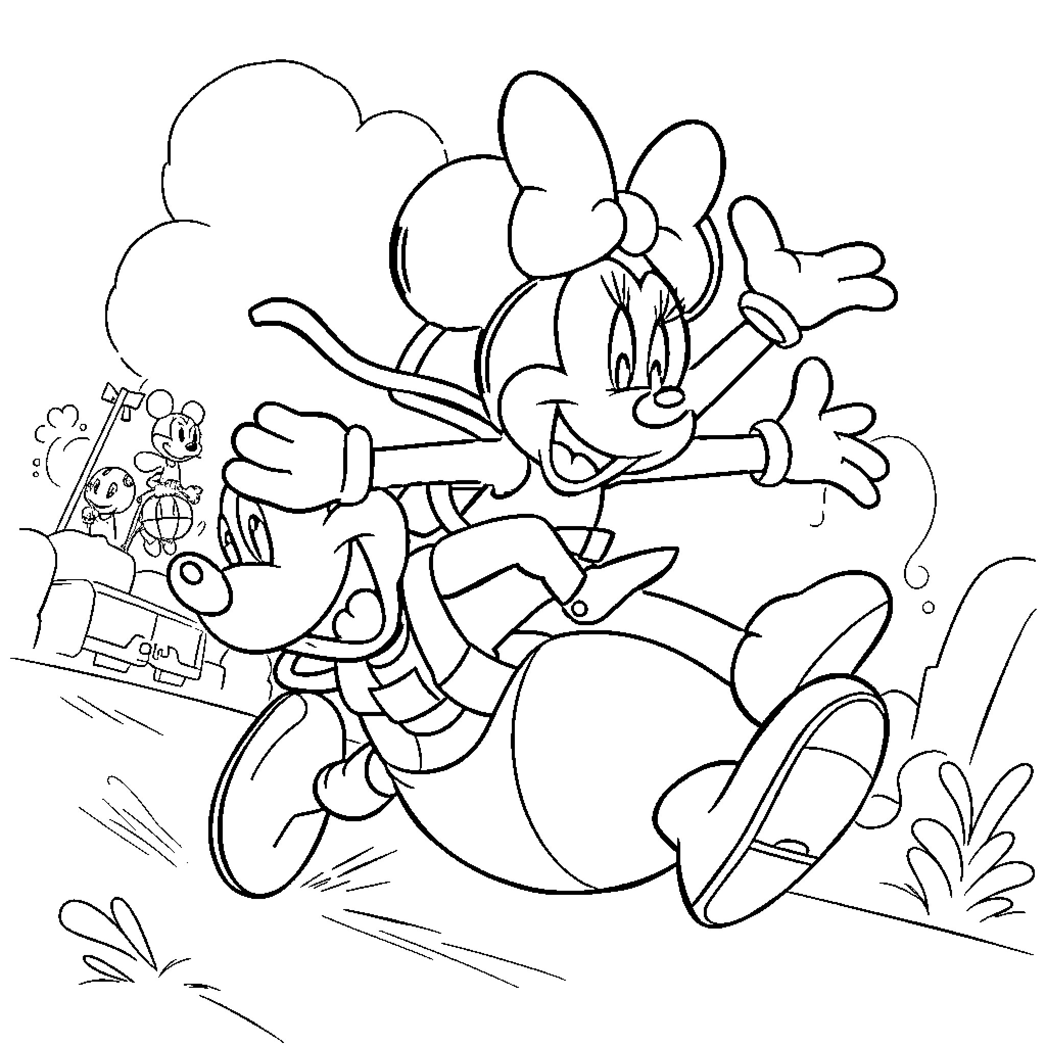 Minnie Mouse in playful adventure Coloring Page (free black-and-white line drawing printable PDF for all, from beginners to advanced learners, including children, teens, adults, and seniors)
