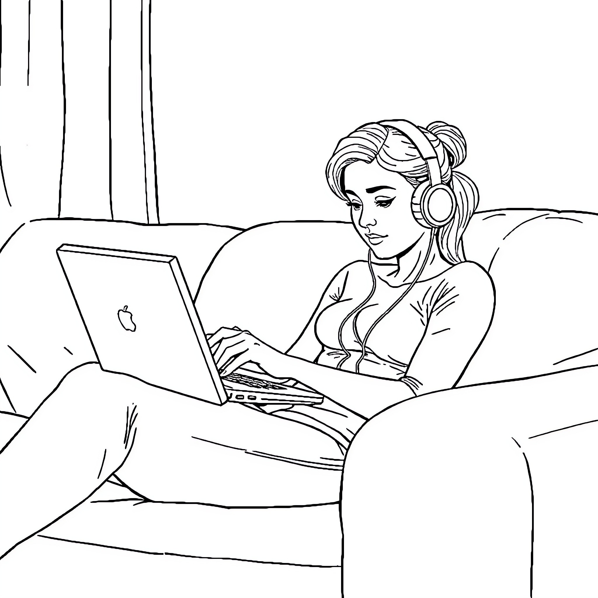 Woman working diligently on laptop in relaxed setting Coloring Page (free black-and-white line drawing printable PDF for all, from beginners to advanced learners, including children, teens, adults, and seniors)