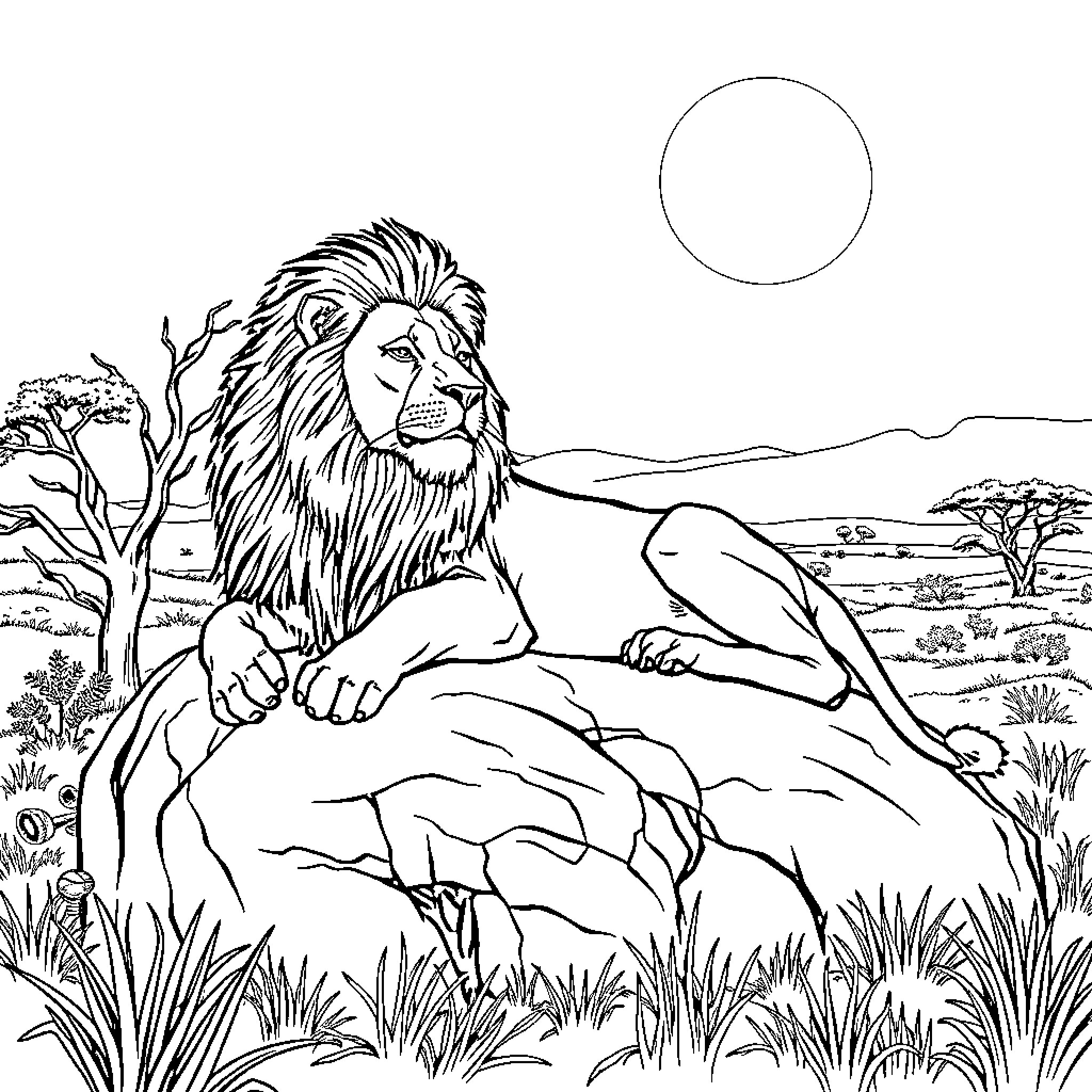 Lion resting in the serene savanna landscape Coloring Page (free black-and-white line drawing printable PDF for all, from beginners to advanced learners, including children, teens, adults, and seniors)