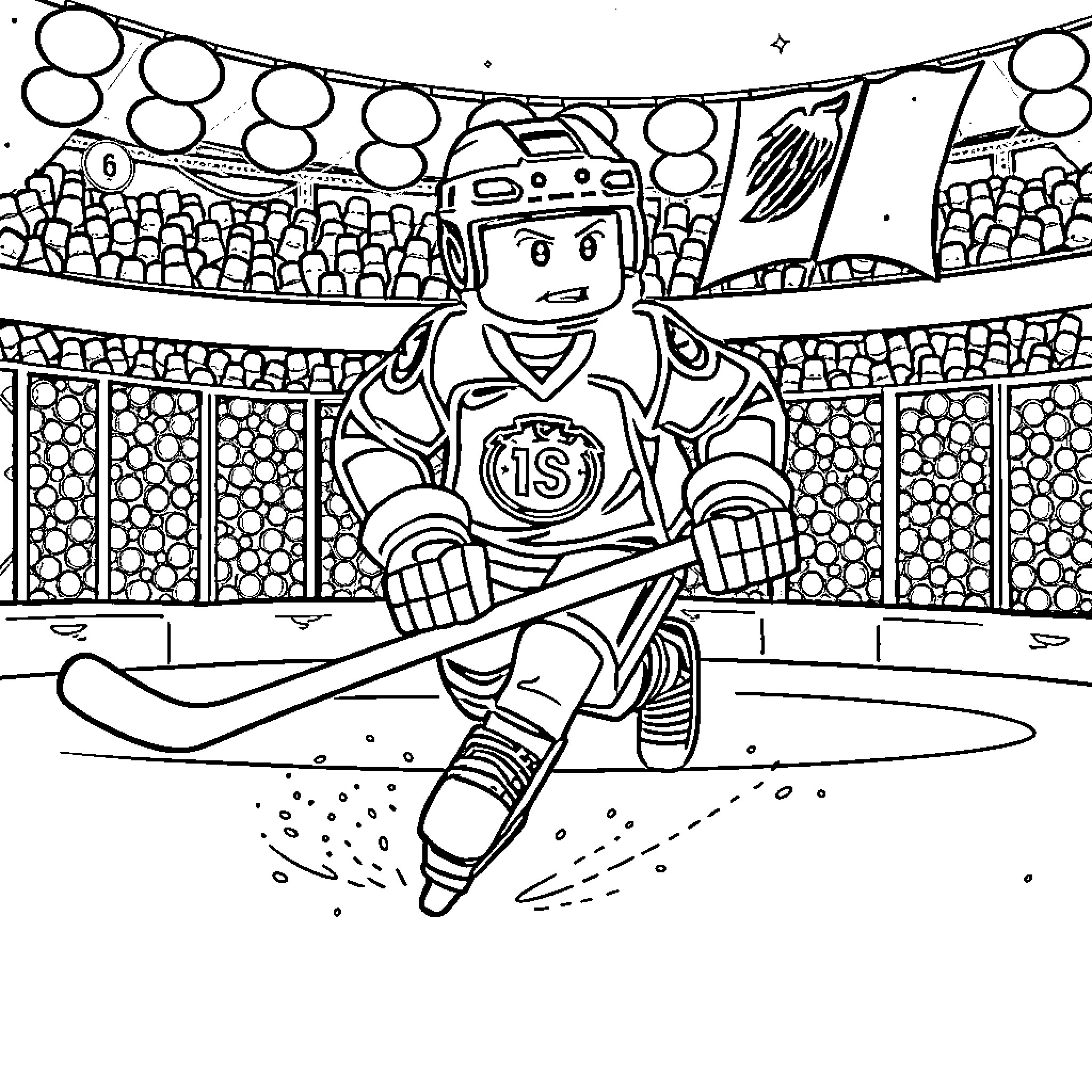 Hockey Player Competing on the Ice Rink Coloring Page (free black-and-white line drawing printable PDF for all, from beginners to advanced learners, including children, teens, adults, and seniors)