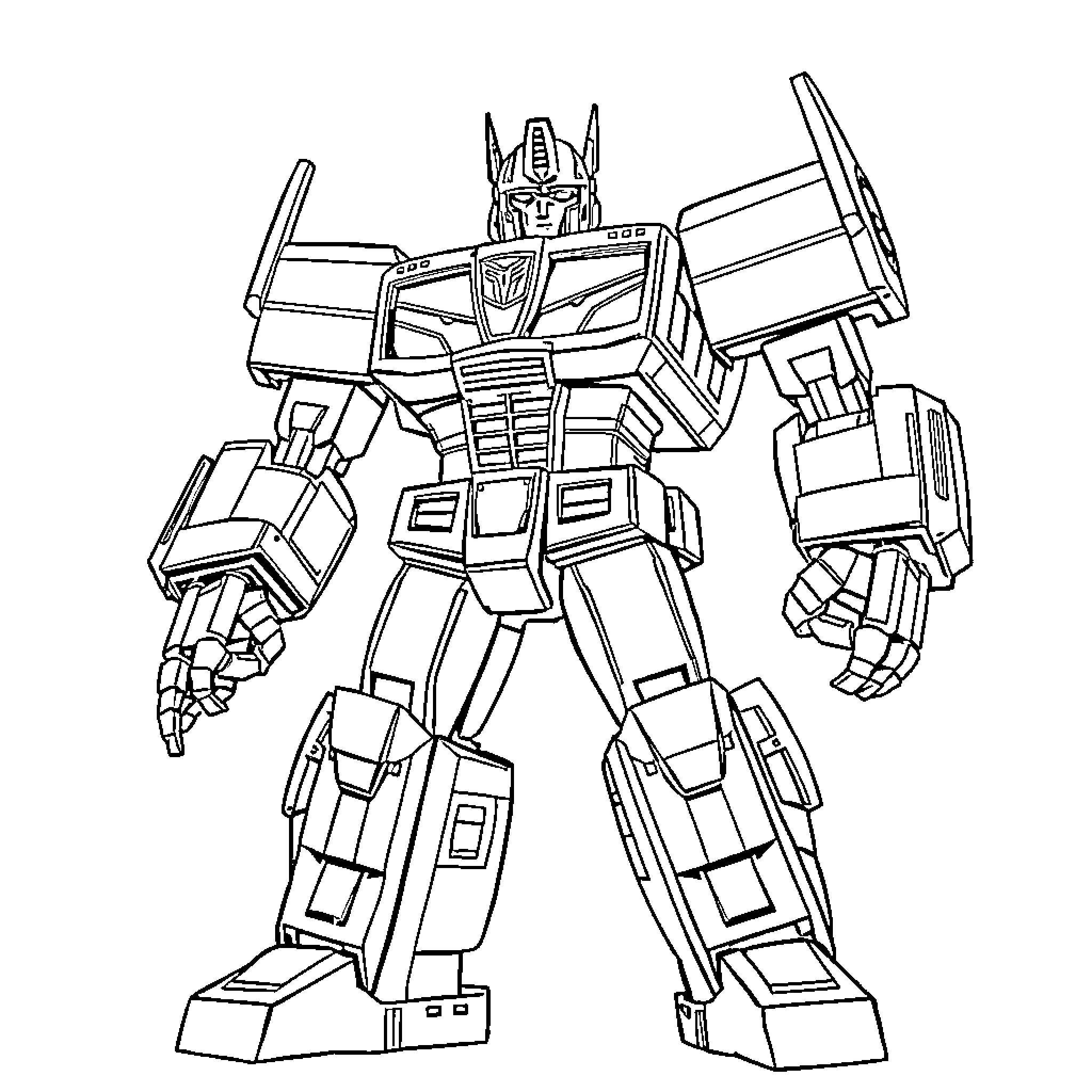 Optimus Prime in fighting stance Coloring Page (free black-and-white line drawing printable PDF for all, from beginners to advanced learners, including children, teens, adults, and seniors)