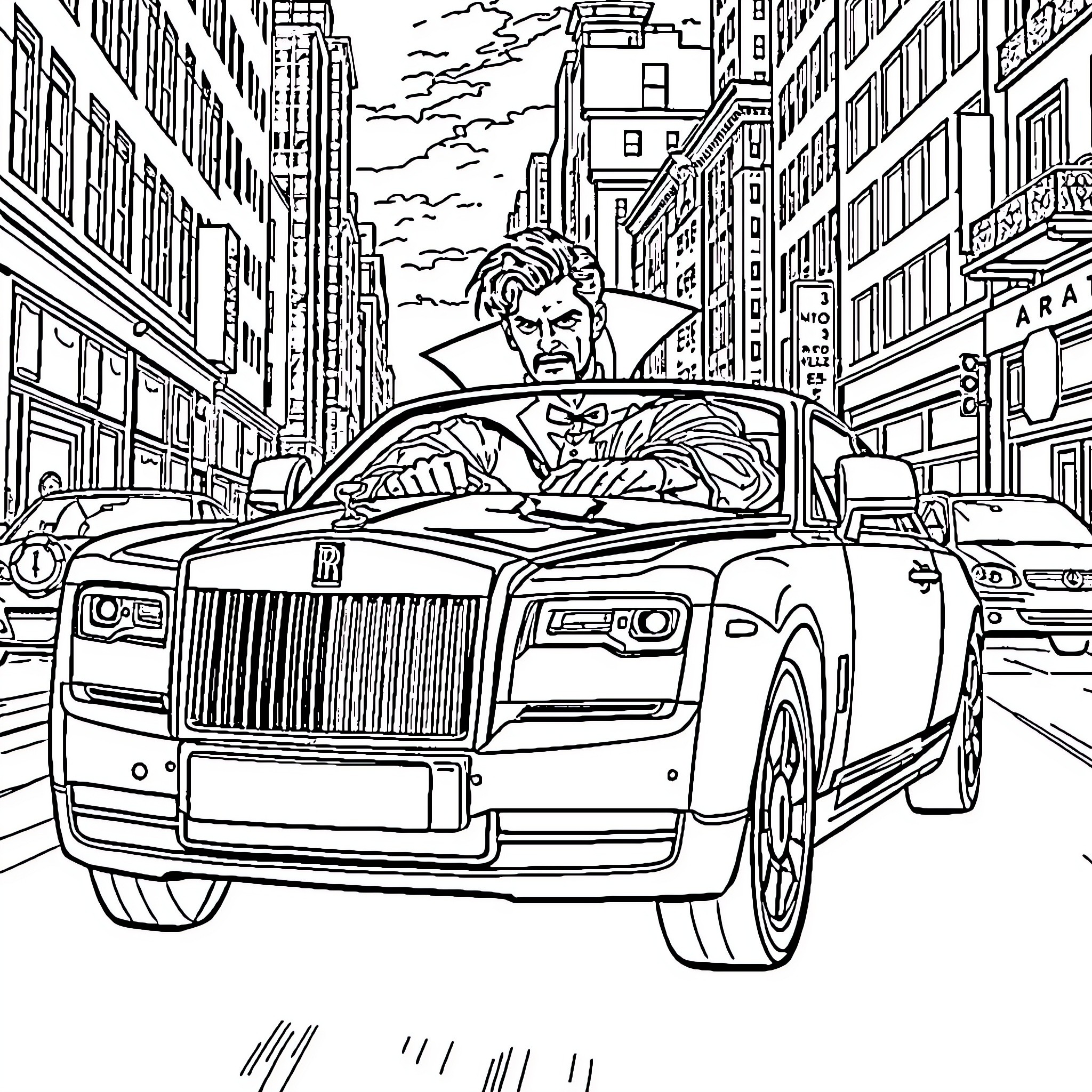 Dr. Strange's Wild Ride in the City Coloring Page (free black-and-white line drawing printable PDF for all, from beginners to advanced learners, including children, teens, adults, and seniors)