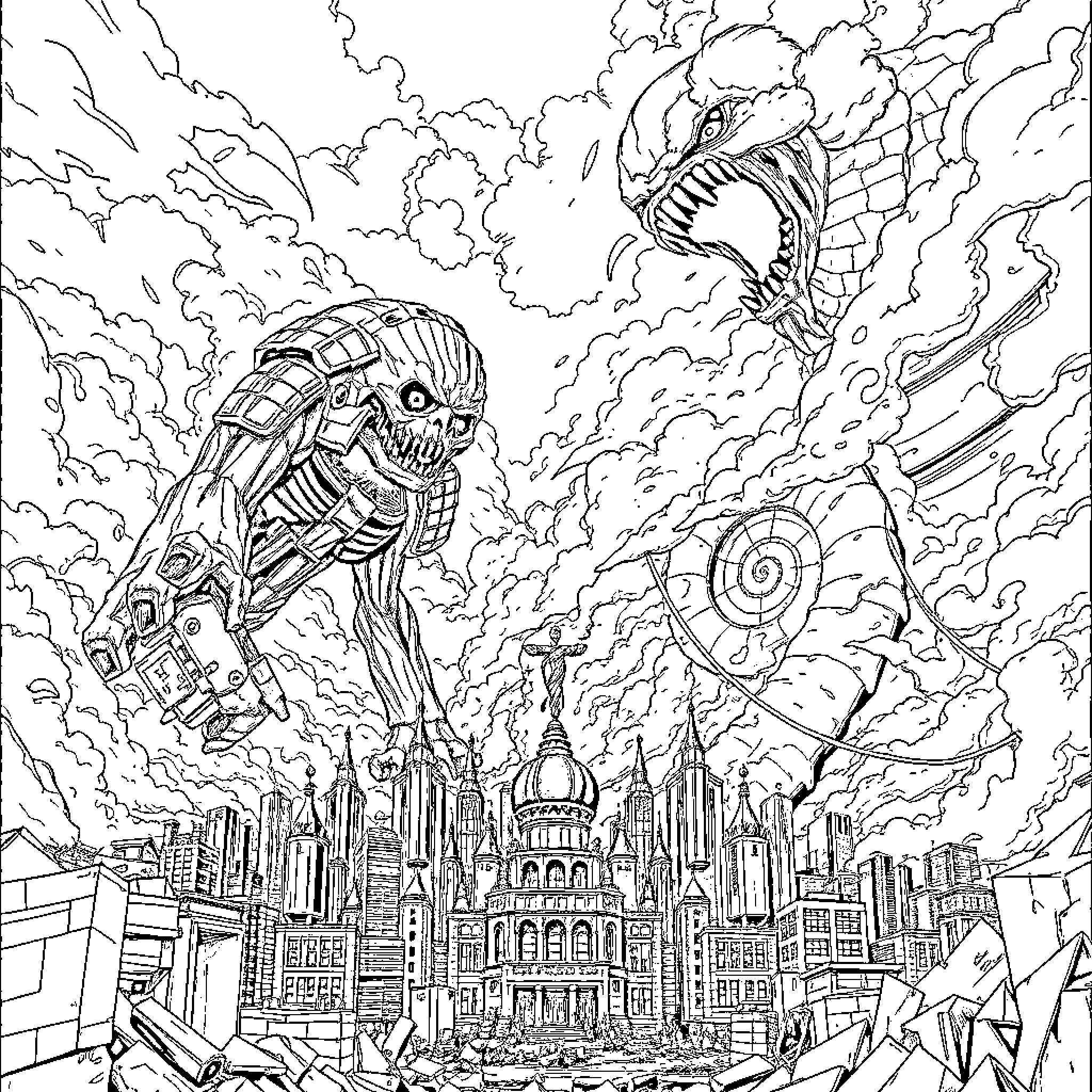 Attack on Titan: Colossal Titans Invading the City Coloring Page (free black-and-white line drawing printable PDF for all, from beginners to advanced learners, including children, teens, adults, and seniors)