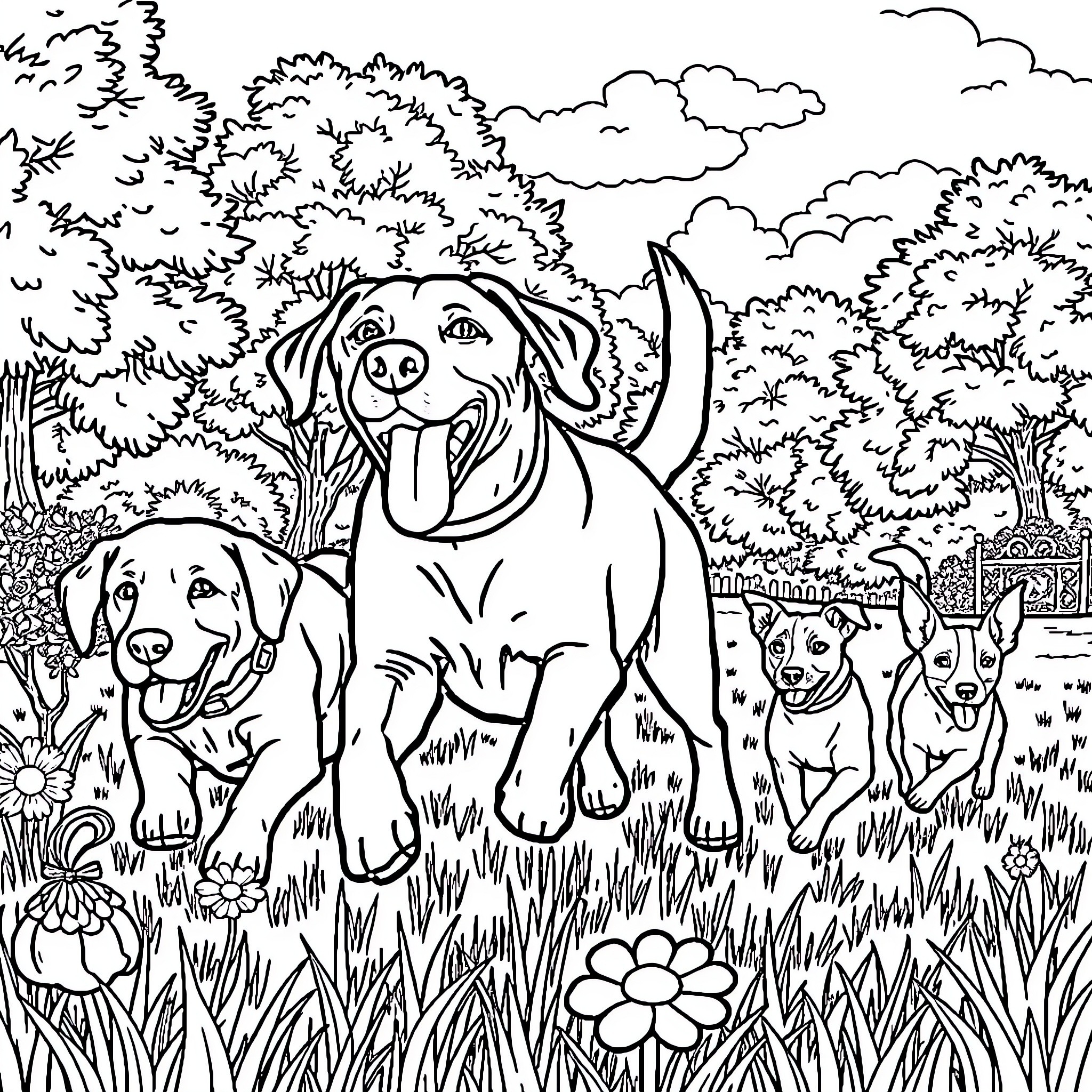 Labrador dogs playing happily in a scenic park Coloring Page (free black-and-white line drawing printable PDF for all, from beginners to advanced learners, including children, teens, adults, and seniors)