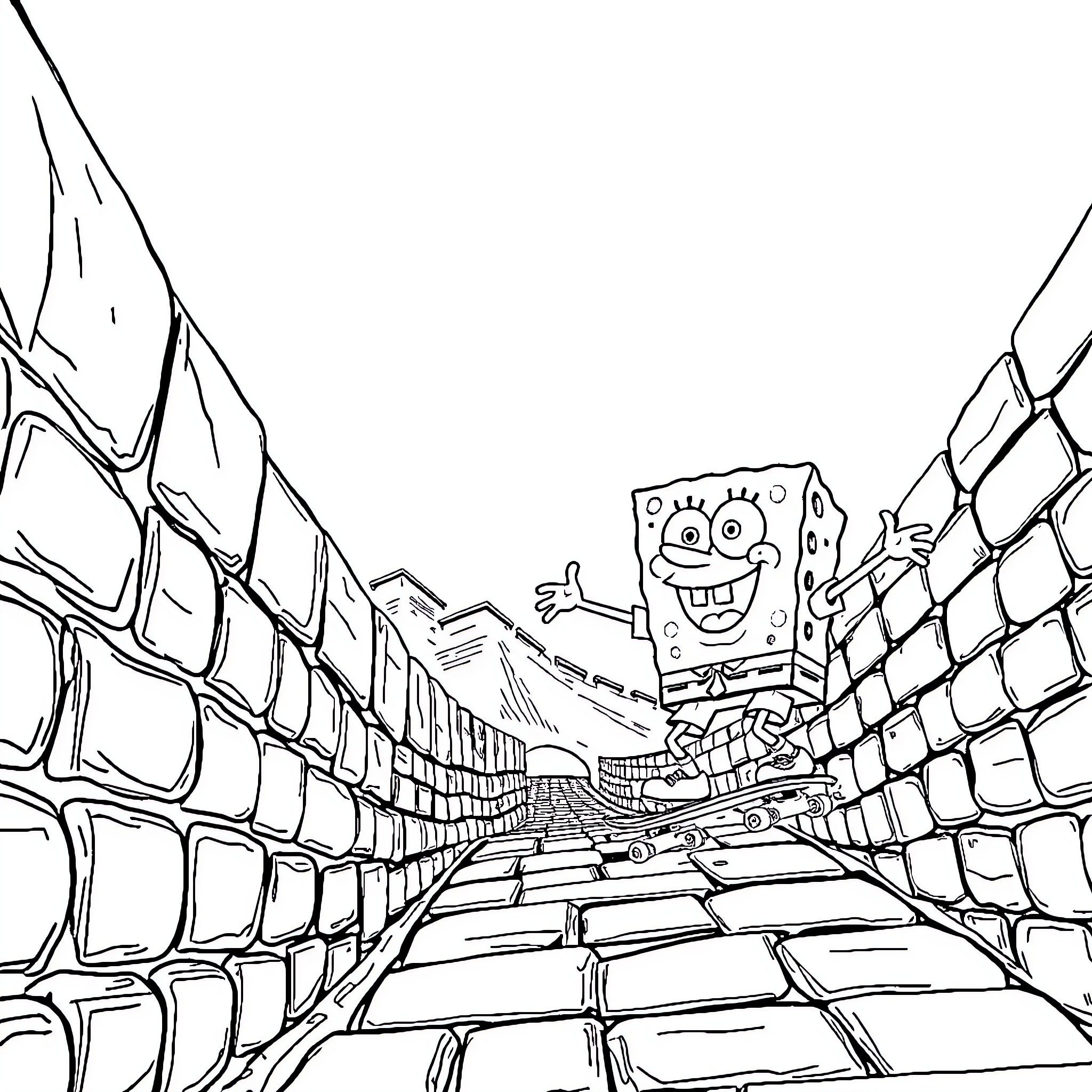 Spongebob's Underwater Adventure on a Winding Path Coloring Page (free black-and-white line drawing printable PDF for all, from beginners to advanced learners, including children, teens, adults, and seniors)