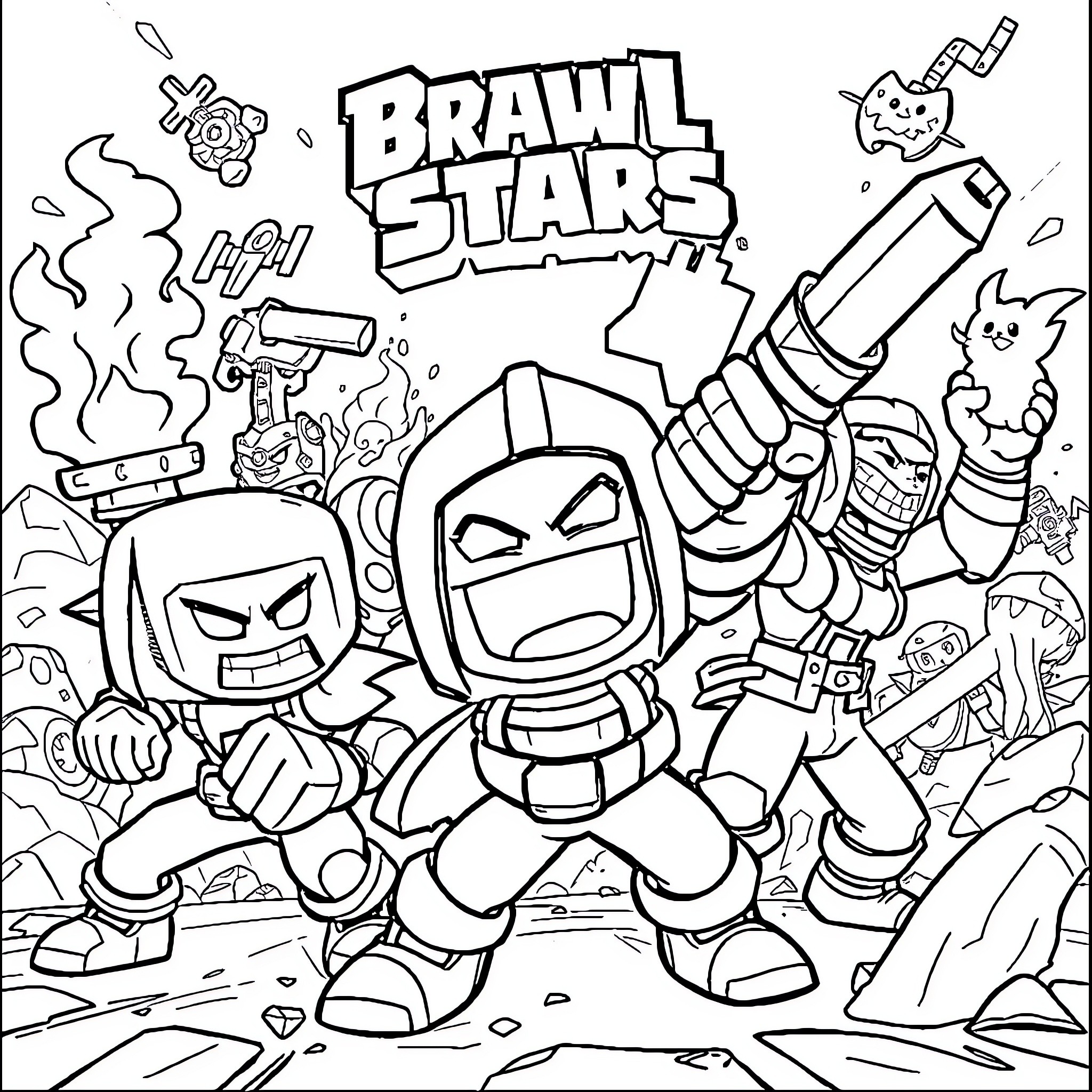 Brawl Stars: Chaotic Battle Scenes with Cartoon Characters Coloring Page (free black-and-white line drawing printable PDF for all, from beginners to advanced learners, including children, teens, adults, and seniors)