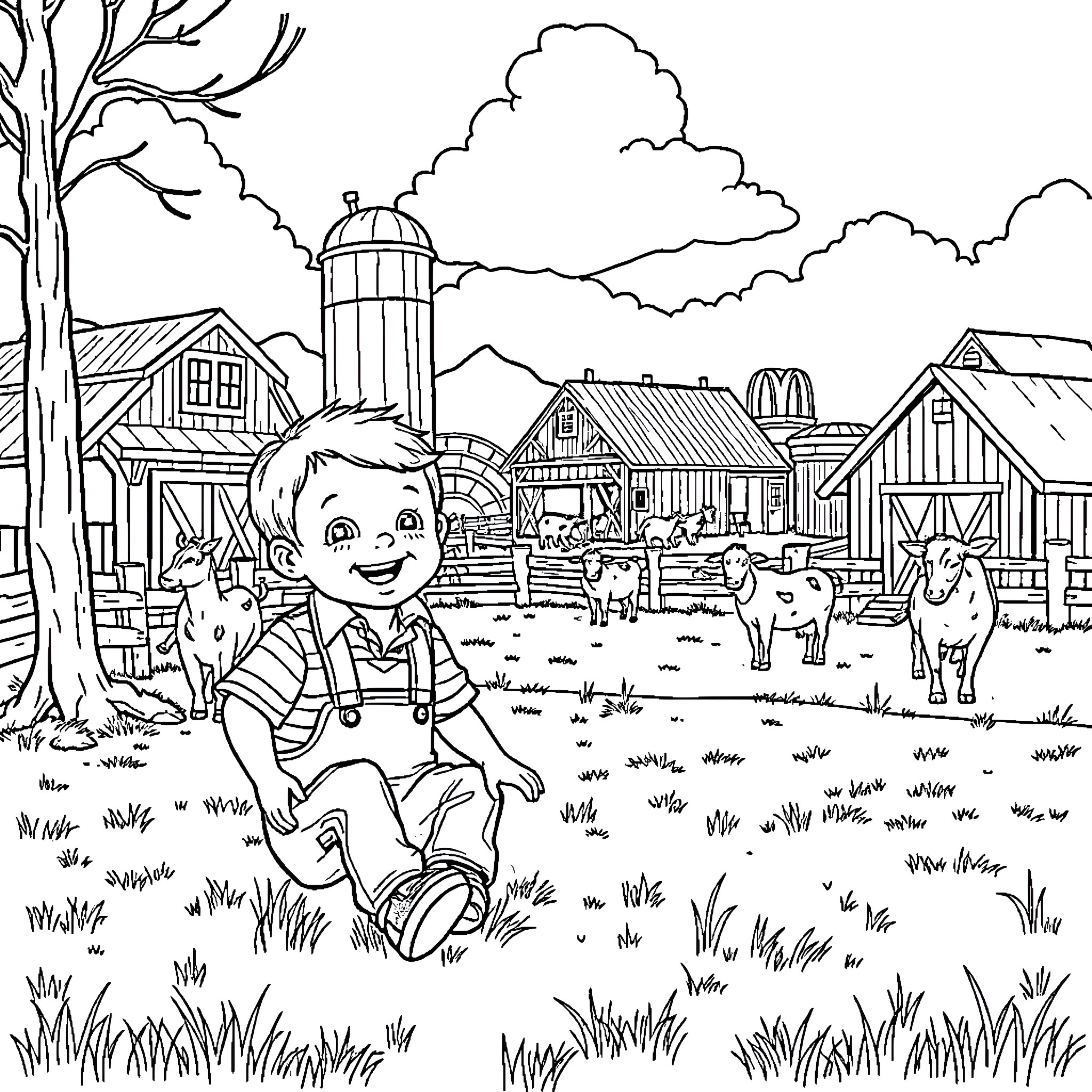Boy playing happily on a farm with animals Coloring Page (free black-and-white line drawing printable PDF for all, from beginners to advanced learners, including children, teens, adults, and seniors)