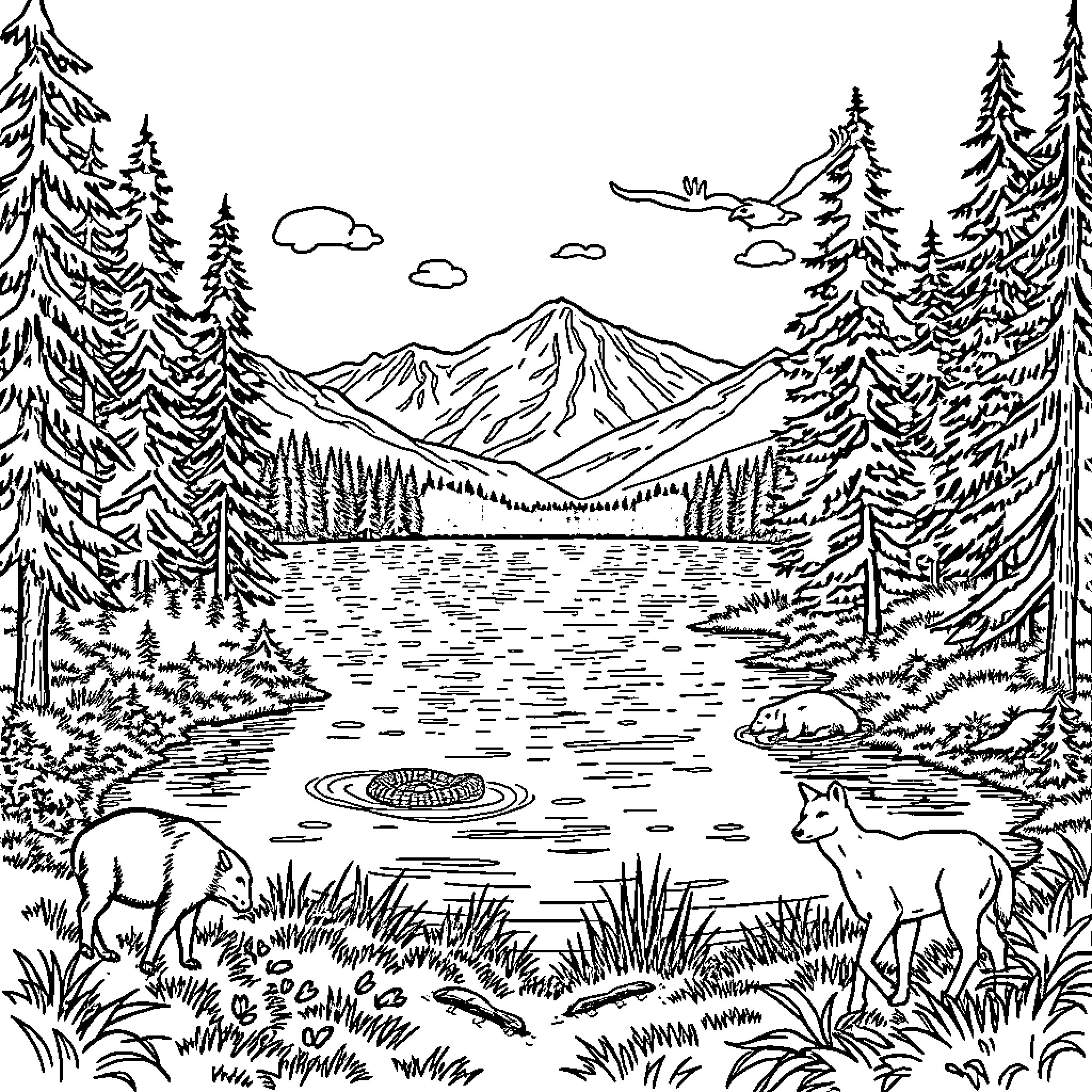 Wildlife in serene forest landscape with mountains Coloring Page (free black-and-white line drawing printable PDF for all, from beginners to advanced learners, including children, teens, adults, and seniors)