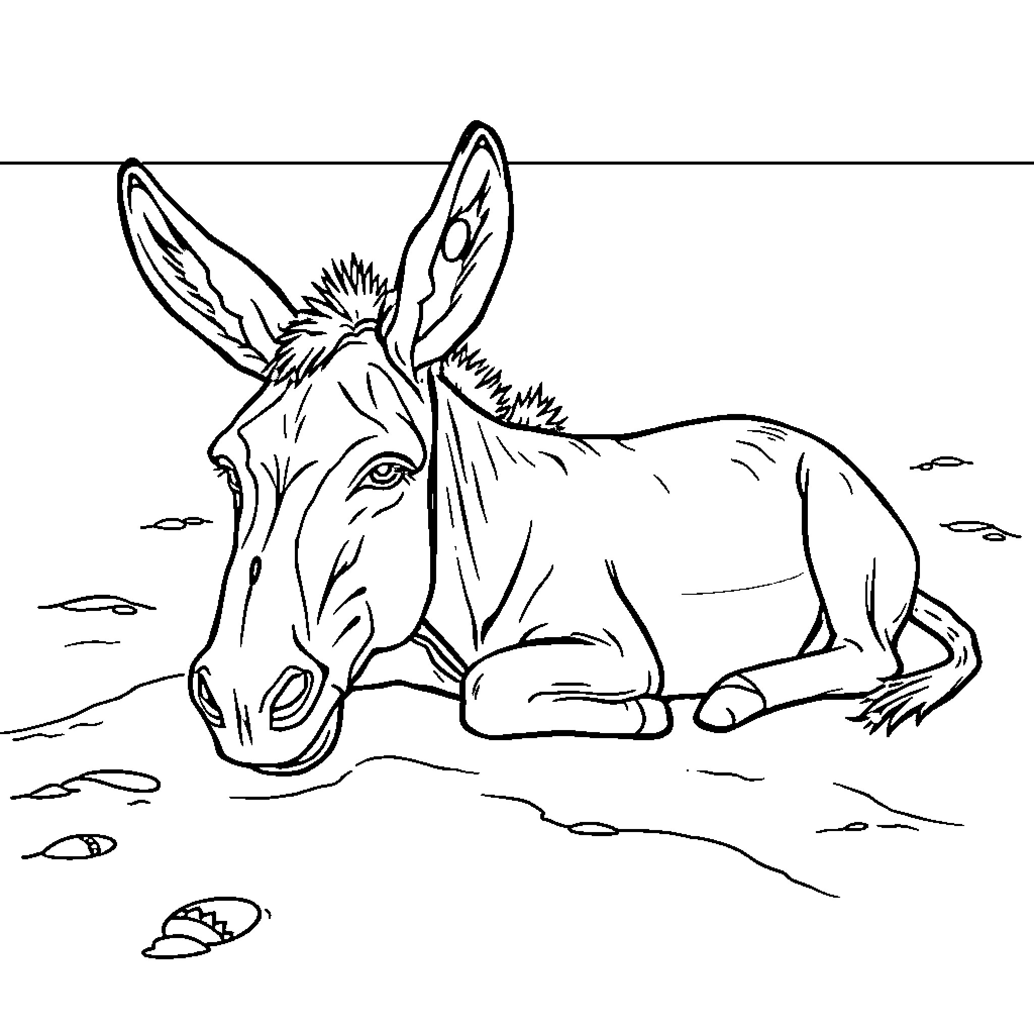 Donkey resting peacefully in the countryside Coloring Page (free black-and-white line drawing printable PDF for all, from beginners to advanced learners, including children, teens, adults, and seniors)