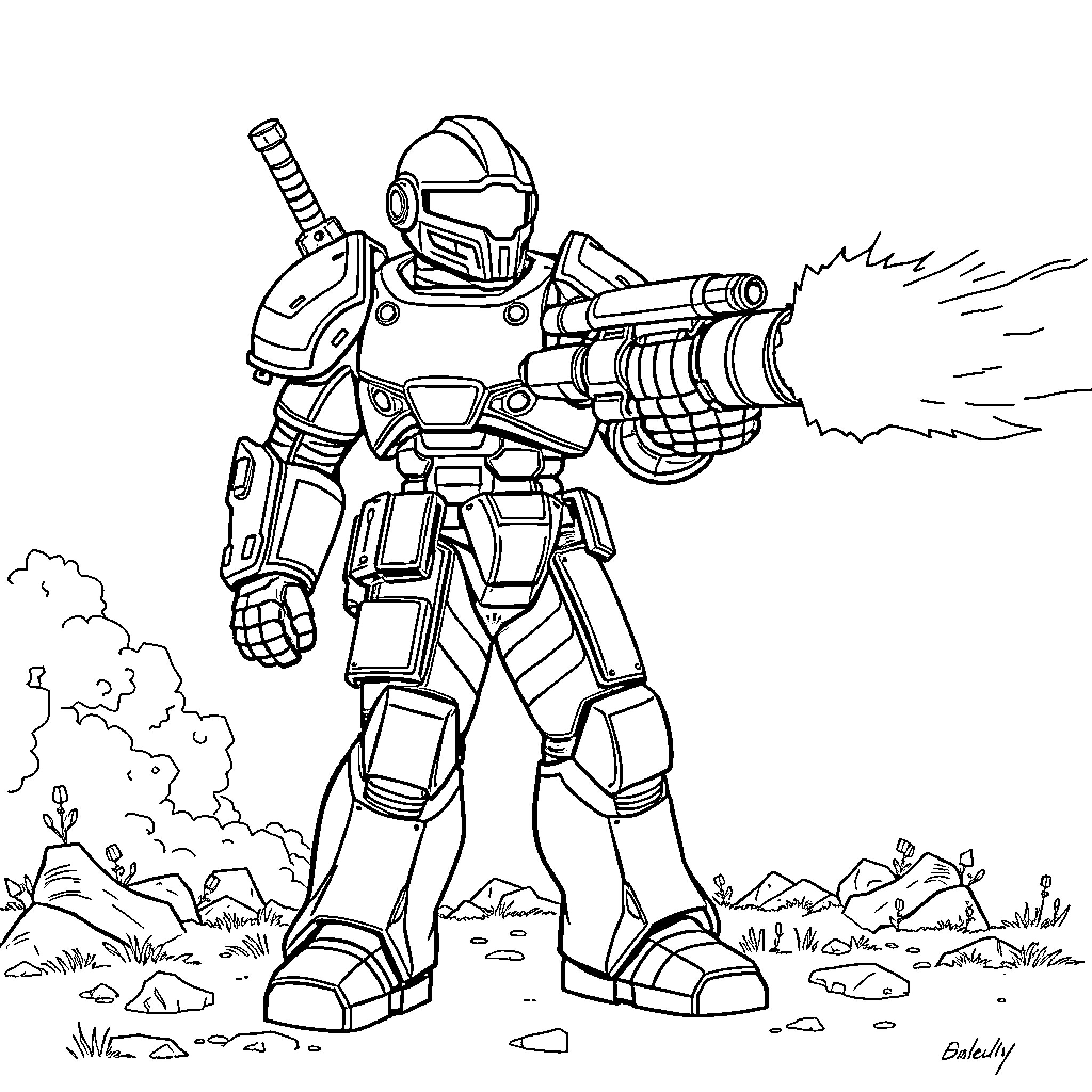 Power Armor Soldier Firing Weapon in Combat Coloring Page (free black-and-white line drawing printable PDF for all, from beginners to advanced learners, including children, teens, adults, and seniors)